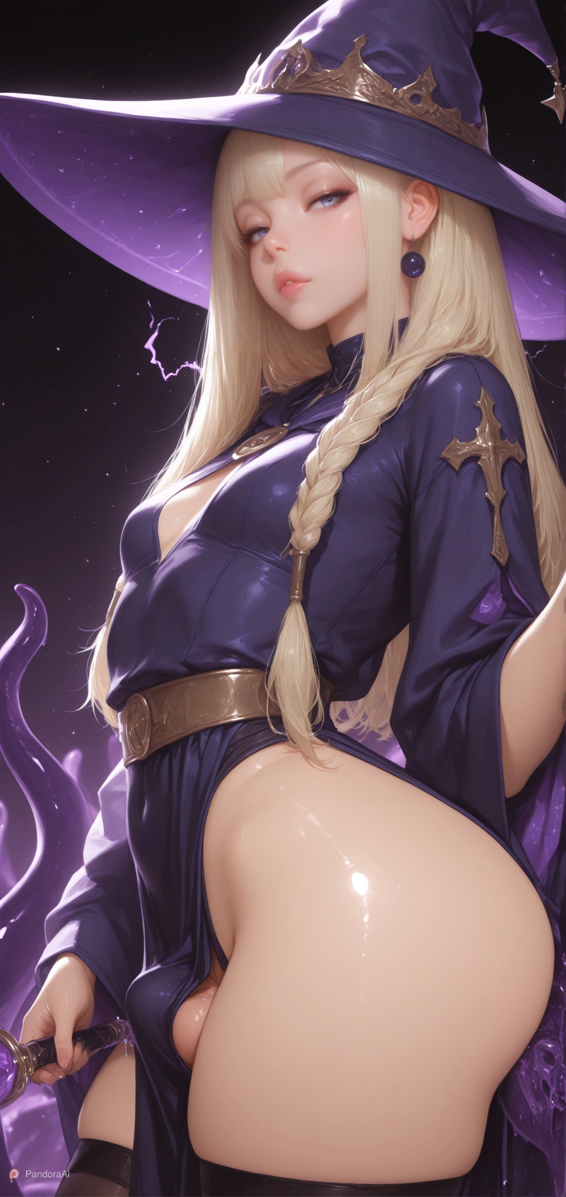 1boy, 1femboy, absurd res, aesthetic, ai generated, balls, big hips, big thighs, blonde hair, boy, braided hair, bubble ass, bubble butt, curvy, curvy body, curvy figure, curvy hips, curvy thighs, cute, cute expression, cute eyes, cute face, cute male, earrings, eyebrows, eyelashes, eyes, eyeshadow, fat ass, femboy, femboy focus, femboy only, feminine body, feminine faced male, feminine male, flat chest, flat chested, focus on ass, half naked, half-closed eyes, half-dressed, hi res, hips, huge hips, huge thighs, jewelry, lightning, lips, looking at viewer, low-angle view, magic, makeup, male, male only, more at source, no panties, pale, pale body, pale skin, pale-skinned femboy, pale-skinned male, pandora, patreon, patreon username, penis, penis bulge, puffy lips, seductive, seductive eyes, seductive look, seductive pose, self upload, sexy, sexy body, sexy clothing, sexy pose, simple background, skinny waist, slim waist, small breasts, smooth balls, smooth skin, solo, stars, tentacle, thick hips, thick thighs, tiny waist, trap, uncensored, watermark, witch, witch costume, witch hat, wizard, wizard hat, wizard robe