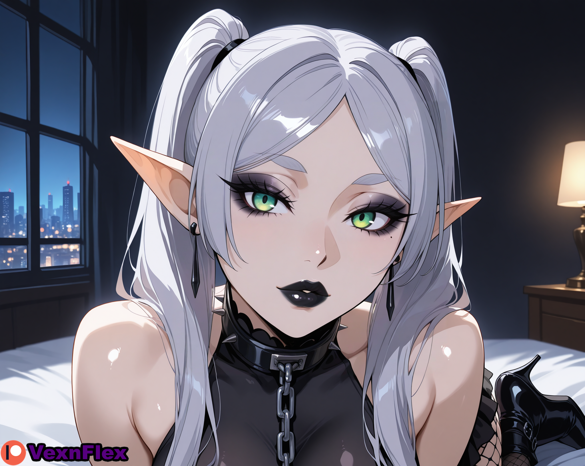 ai generated, bare shoulders, black lips, chains, collar, earrings, eyeshadow, female, frieren, goth, goth girl, gothification, green eyes, hi res, high heels, high resolution, highres, indoors, jewelry, long hair, looking at viewer, makeup, parted bangs, parted lips, patreon, patreon username, pointy ears, solo, sousou no frieren, spiked collar, spikes, stable diffusion, twintails, vexnflex, watermark