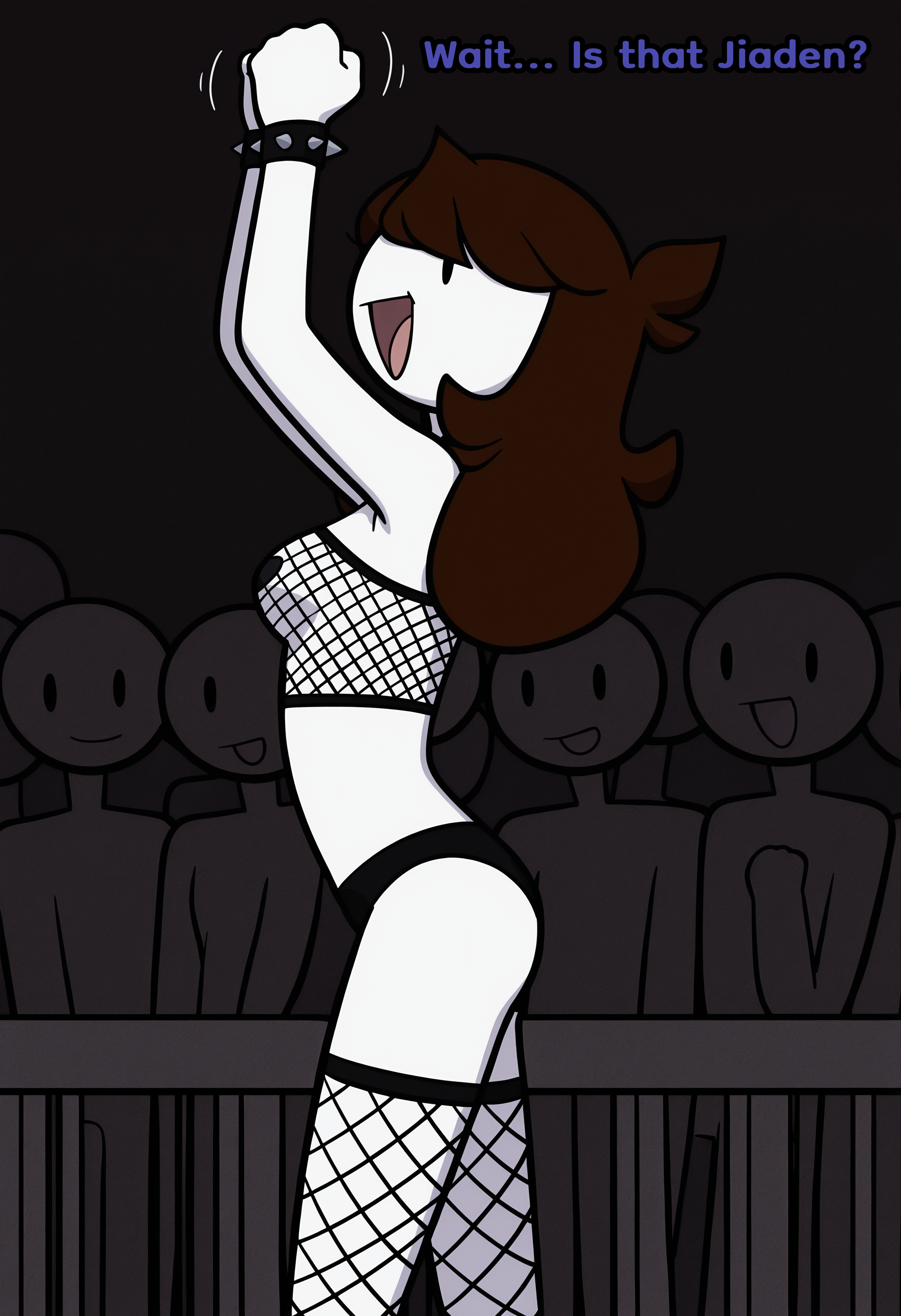 8c23, ai generated, bikini bottom, black bikini, black eyes, black panties, black pasties, black wristband, brown hair, concert, fishnet legwear, fishnet stockings, fishnet topwear, hair, hands above head, heart pasties, high waisted bikini, jaiden, jaiden animations, long, open mouth, panties, pasties, people in background, raised arms, spiked wristband, text, unseen character, wrist