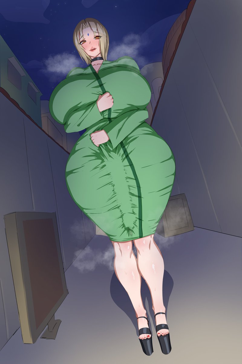 1futa, alternate body type, alternate breast size, blonde hair, blush, breasts, bulge, bulge down leg, bulge through clothing, closed mouth, cock, dress, futa only, futanari, heels, high heels, huge breasts, huge penis, looking at viewer, mature female, milf, naruto, naruto (series), nose blush, penis, public, shiny skin, tsunade, yonpii