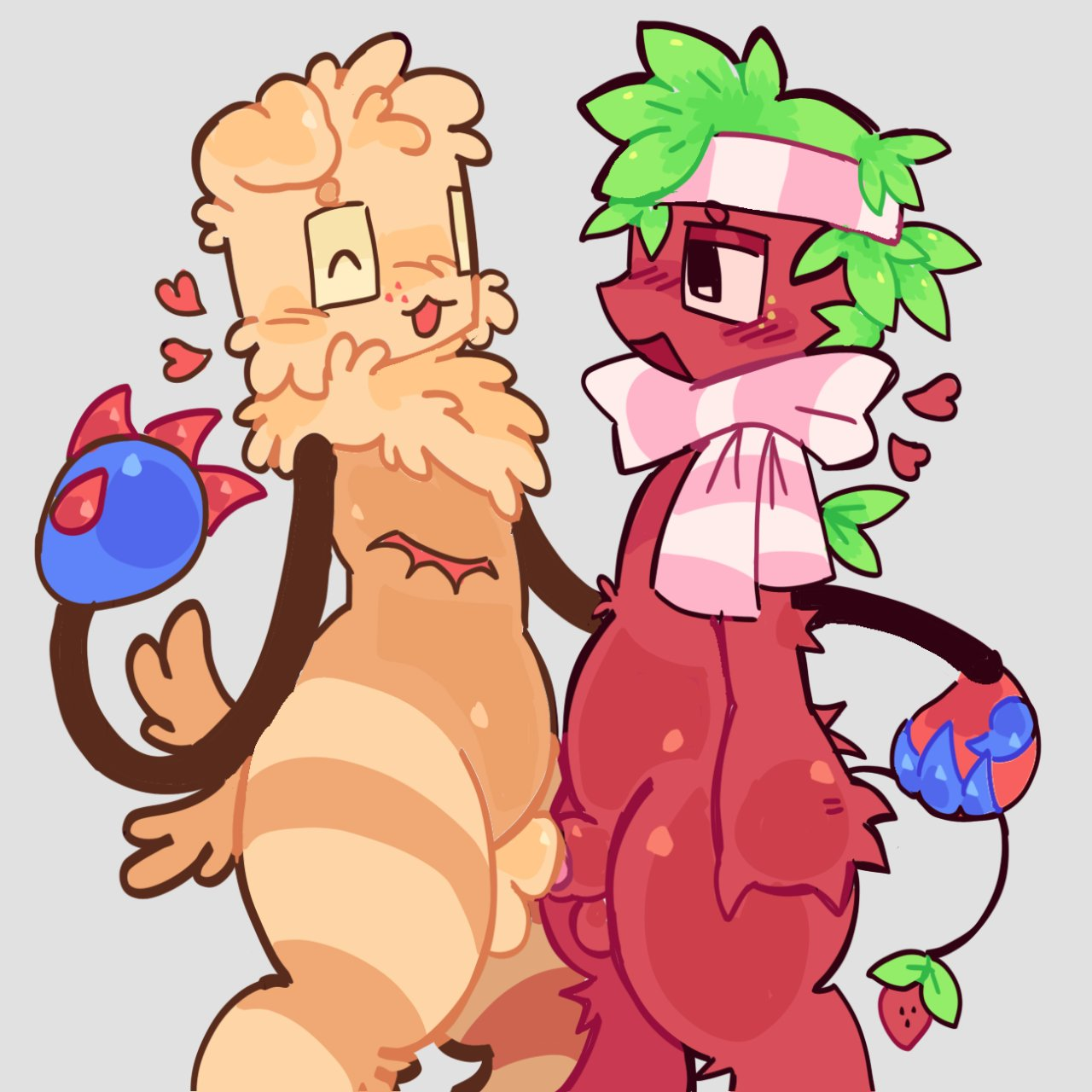 blue claws, blue skin, dandy's world, deadtoons, frotting, fruit humanoid, furry only, goob (dandy's world), green hair, leaf hair, leaf tail, multicolored body, pink headwear, pink scarf, red body, red claws, red fur, roblox, roblox game, sheath, sheathed penis, sprout (dandy's world), strawberry, tail, tan body, tan fur