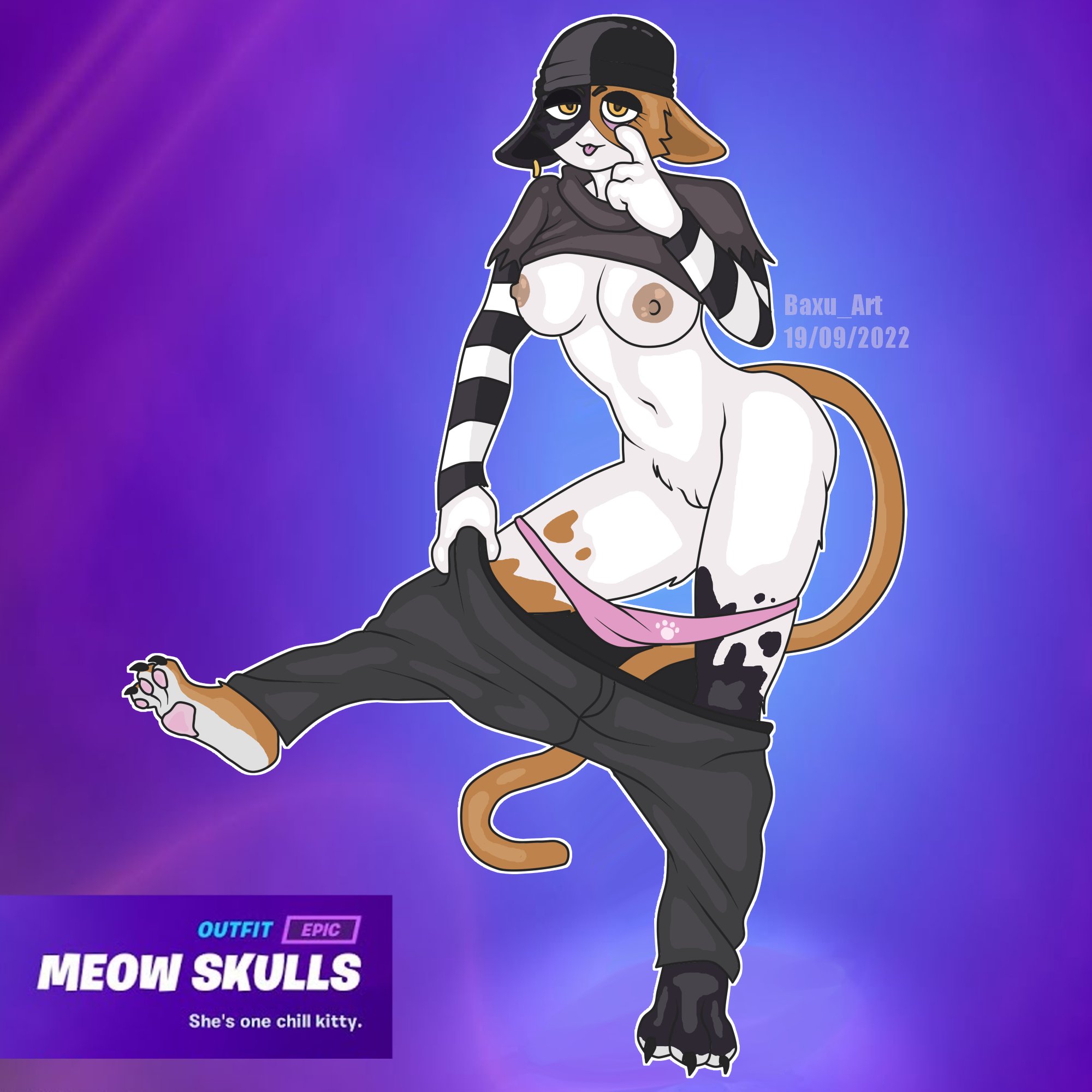clothed, emo, feline, female, fortnite, furry, furry only, goth, meow skulls (fortnite), pants down