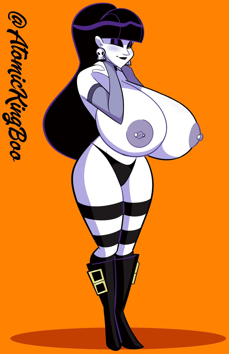 1girls, artist name, atomickingboo, black hair, black lipstick, breasts, bust, busty, curvaceous, curvy, curvy figure, dark hair, eyes, female, female focus, goth, goth girl, green eyes, hair, hips, hourglass figure, huge areolae, image, legs, light skin, light-skinned female, lindel dollice quilten, lips, lipstick, long hair, oc, original, original character, pale skin, pale-skinned female, the besties (atomickingboo), thick legs, thick thighs, thighs, top heavy, upper body, voluptuous, wide hips