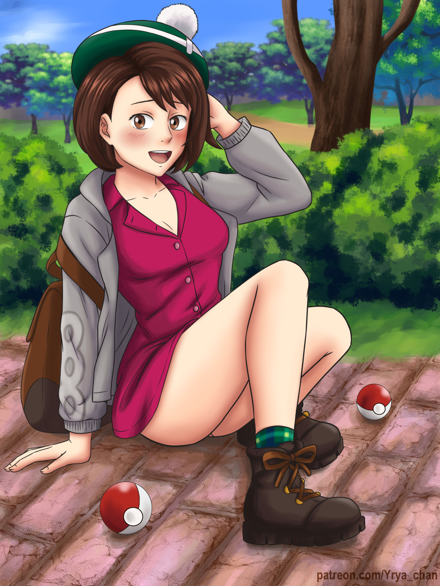 backpack boots clothed clothed_female gloria_(pokemon) hat pinup_pose pokeball pokemon pokemon_ss reclining short_dress short_hair sitting sweater upskirt yrya-chan