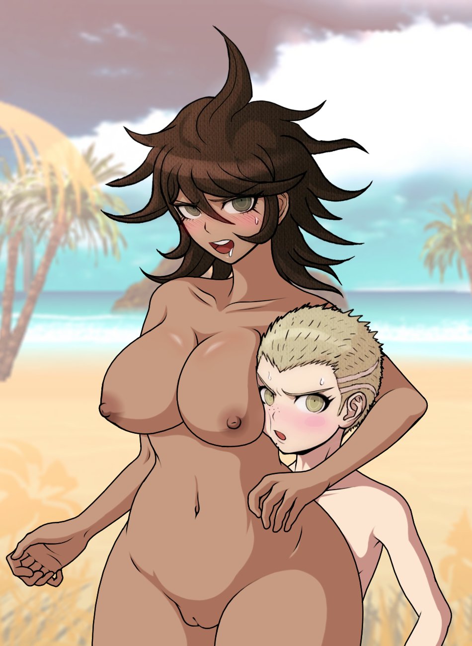 1boy, 1girls, areolae, beach, big breasts, bigger female, blush, blushing, breasts, busty, casual nudity, cheeeeeeeeeeeeen, completely nude, danganronpa, danganronpa 2: goodbye despair, dark skin, dark-skinned female, edit, exhibitionism, face against breast, face in breasts, female, fuyuhiko kuzuryuu, hourglass figure, huge breasts, large breasts, larger female, light skin, light-skinned male, looking at viewer, male, male/female, nipples, nude, nude female, nude male, ocean, outdoors, outside, owari akane, public nudity, pussy, size difference, smaller male, smooth skin, sprite edit, super danganronpa 2, tanned, tanned female, tanned skin, thick thighs, thighs, voluptuous, voluptuous female, wide hips