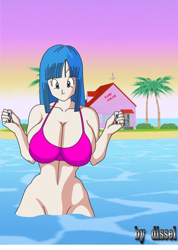 beach_house bikini_top blue_hair blue_nails bottomless cleavage dissel dragon_ball dragon_ball_z huge_breasts maron painted_nails