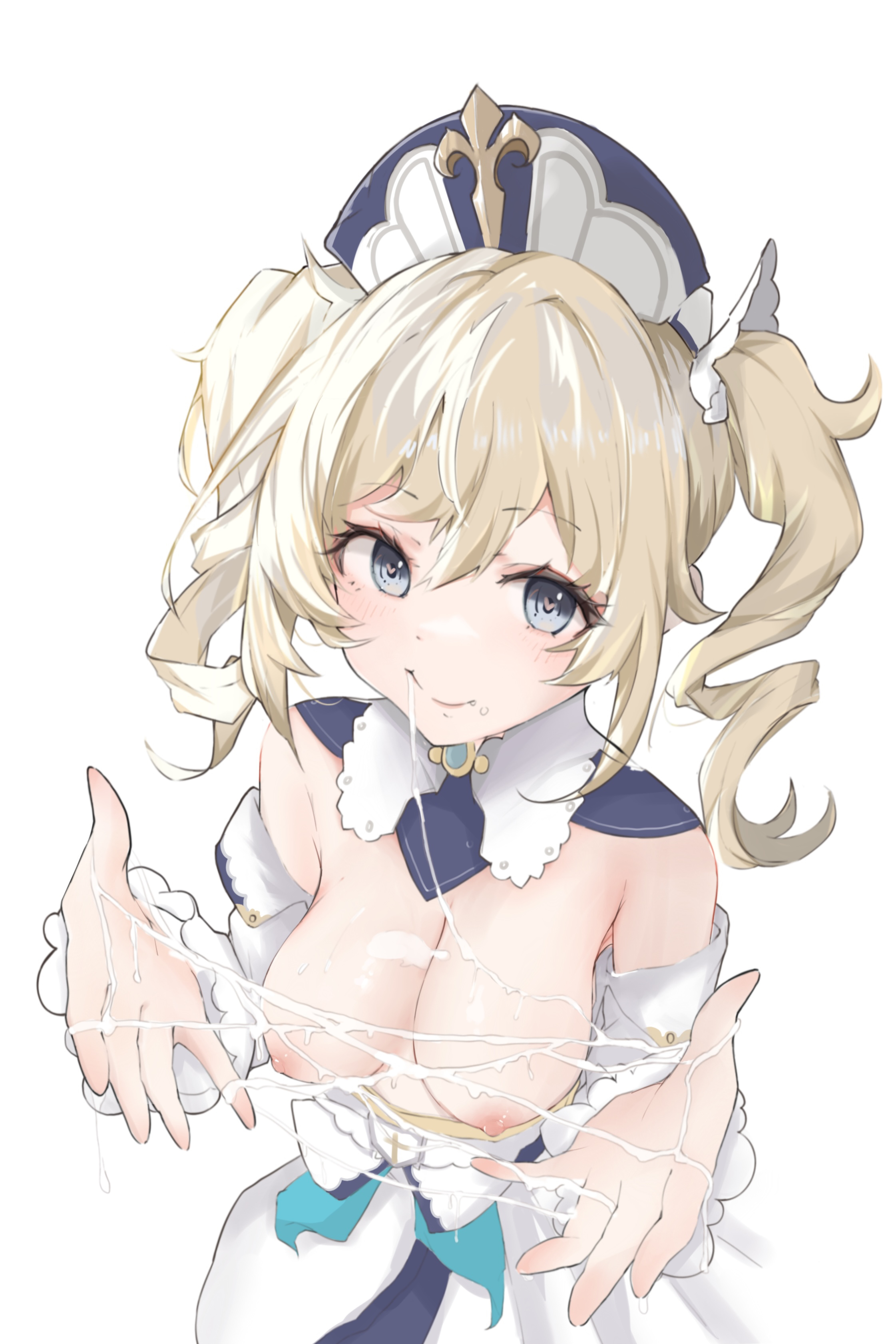 1girls, barbara (genshin impact), blonde hair, breasts, cum, cum string, cumshot, cumshot in mouth, diksiu, dress pull, female, genshin impact, heart-shaped pupils, hi res, looking at viewer, medium breasts, nipples, nun, smile, twintails