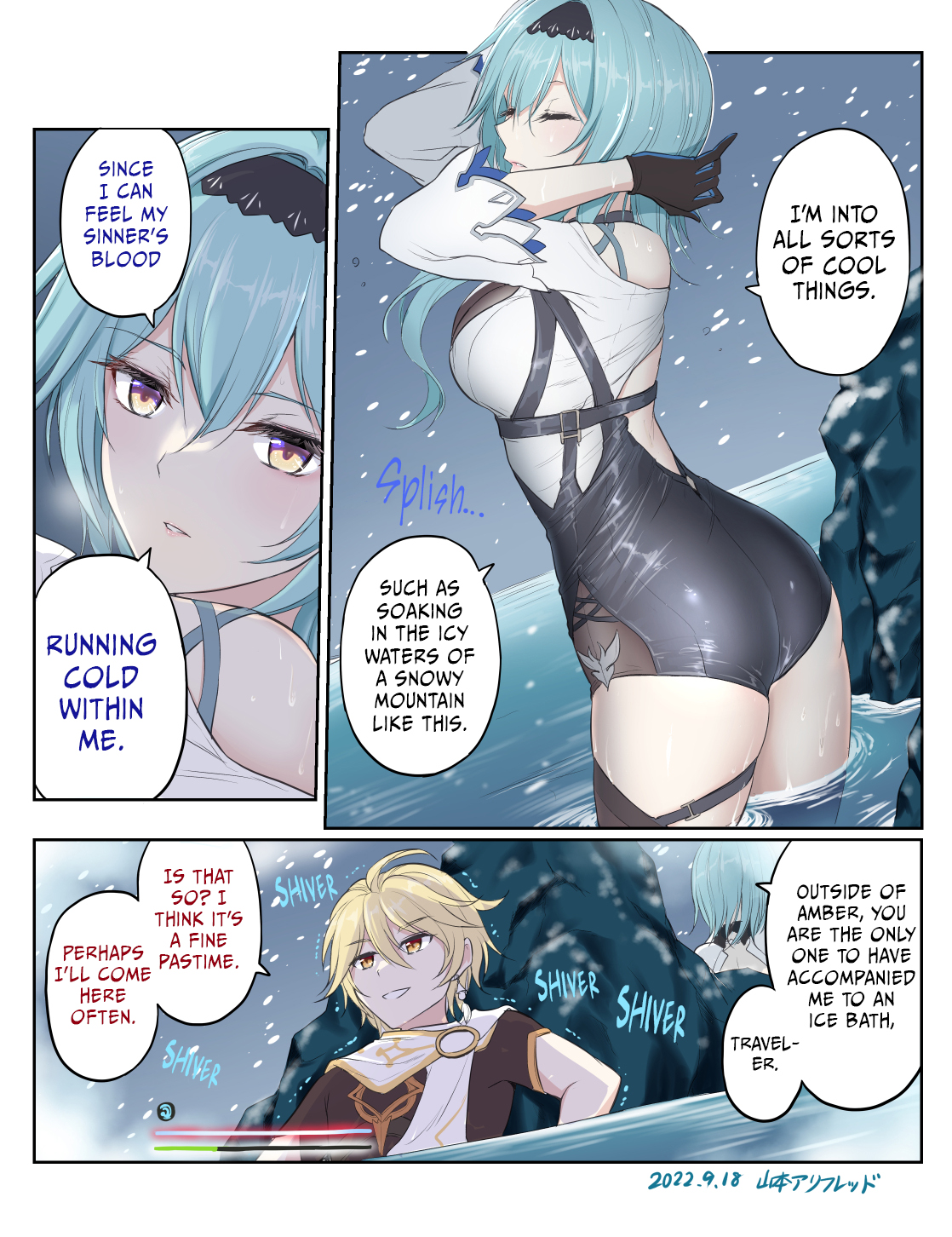 aether (genshin impact), ass, bathing, big ass, clothed, clothed female, cold springs, comic, curvy, dialogue, english text, eula (genshin impact), female, gameplay mechanics, genshin impact, health bar, man arihred, masochism, shivering, text, thick thighs, tight clothing, translated