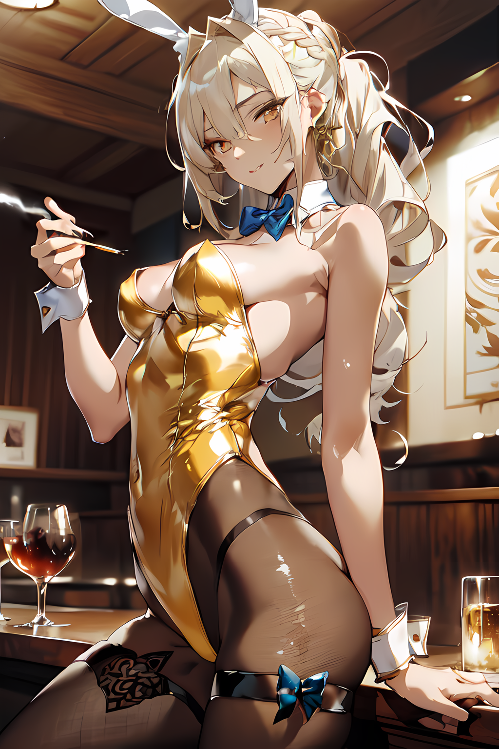 ai_generated ai_hands alcohol alcoholic_beverage alcoholic_drink artist_request bar black_pantyhose blonde_female blonde_hair blonde_hair_female blue_bowtie bowtie braided_hair bunny_costume bunny_ears bunny_girl bunnygirl bunnysuit cigarette_smoke classy cuff_links cuffs_(clothing) female garter_band gold gold_bunny_(floppyudon95) gold_bunnysuit gold_leotard golden_leotard green_eyes hand_on_counter holding_cigarette latex latex_clothing leaning_back leaning_on_counter light-skinned_female light_skin lit_cigarette looking_at_viewer mature_female original ponytail ribbon shirt_collar shirt_cuffs skin_tight skindentation small_smile smile strapless_leotard strapless_top wall_art wavy_hair wine_glass