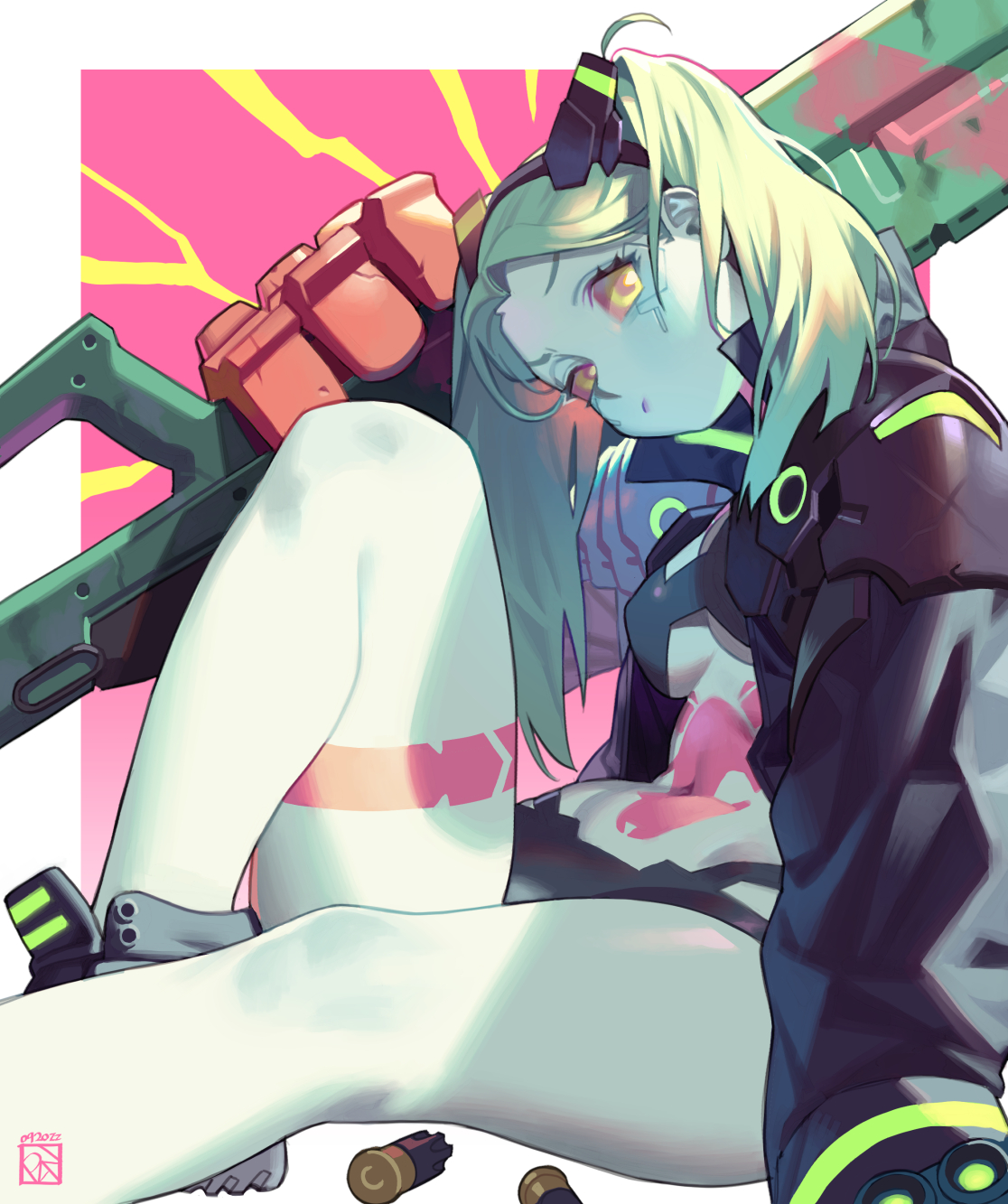 1girls, 2d, android, belly, bikini, breasts, cyberpunk 2077, cyberpunk: edgerunners, female, female focus, female only, firearm, footwear, human, jacket, long hair, looking at viewer, navel, outerwear, pale skin, poch4n, rebecca (edgerunners), shoes, shortstack, shotgun, simple background, solo, tattoo, tattoos, thick thighs, thighs, tomboy, weapon