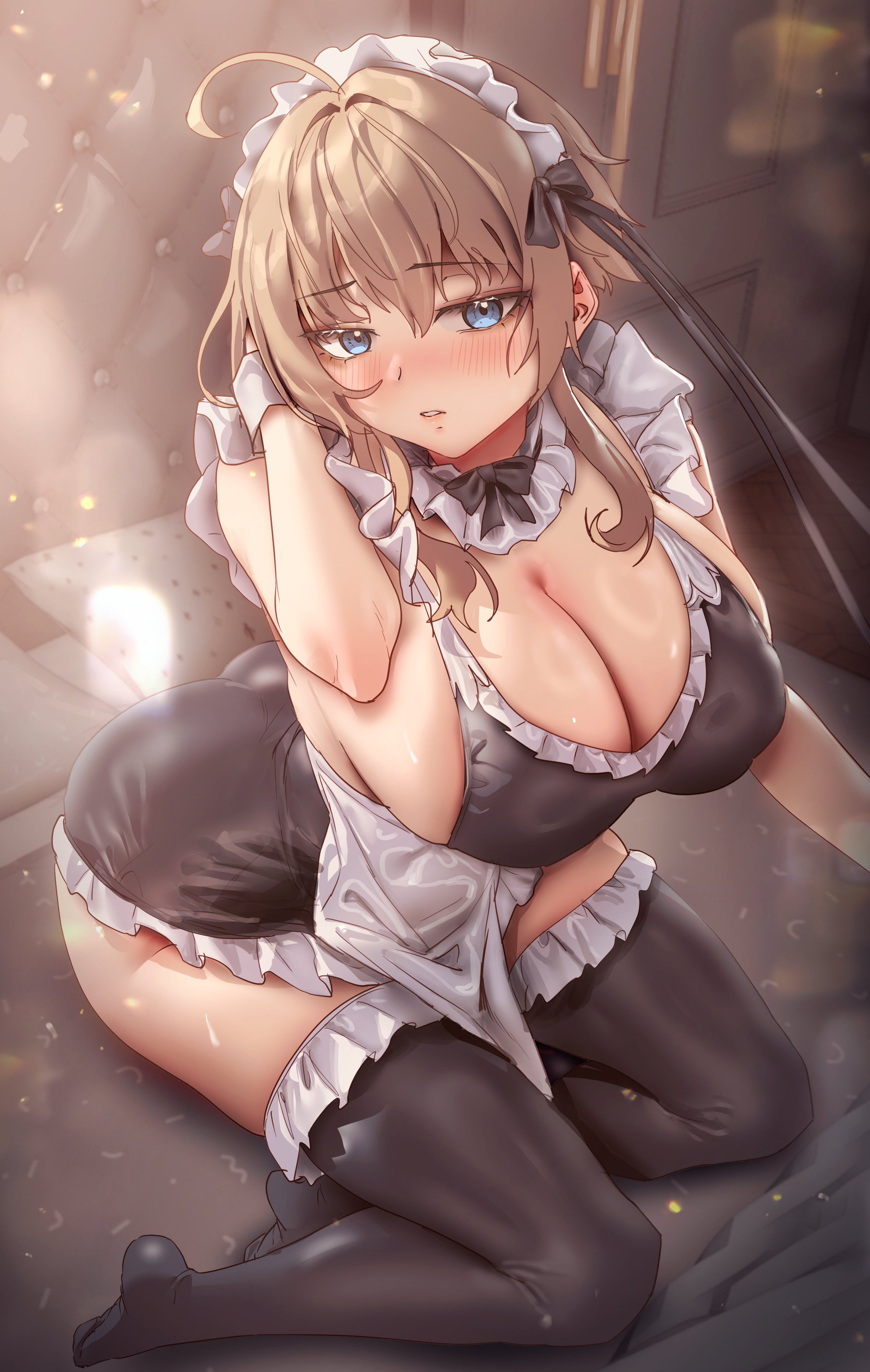 1girls, ahoge, ass, big ass, big breasts, blonde hair, blue eyes, breasts, cute, female, looking at viewer, maid, maid headdress, maid uniform, original, short hair