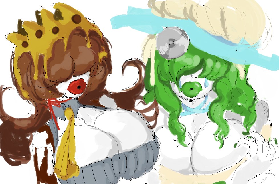 2girls big_breasts big_lips bimbo blowup_doll brown_hair cleavage green_hair green_lips green_lipstick huge_breasts kimi_ga_shine red_lips red_lipstick sexdoll sue_miley tears thick_lips tia_safalin your_turn_to_die yttd