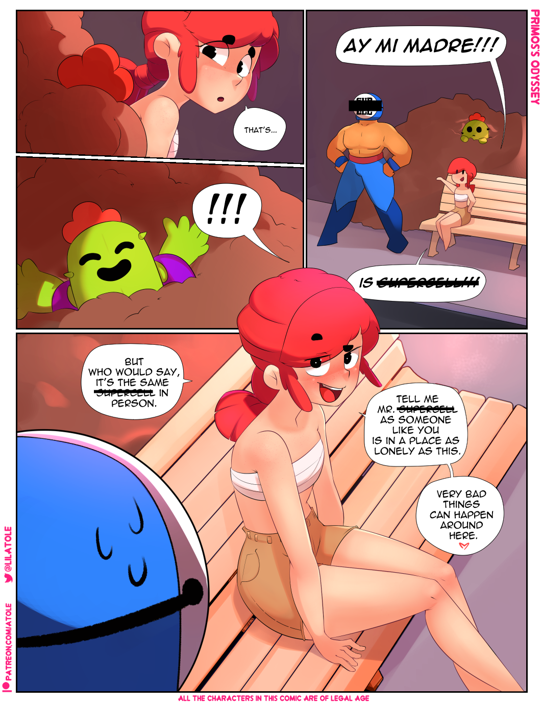 !!! 1boy 1girls aged_up antonhy_kumpen belly bench blue_pants blush blushing brawl_stars breasts cactus censor_bar comic dark-skinned_male dark_skin dialogue el_primo_(brawl_stars) female flat_chest jessie_(brawl_stars) kendo_miura light-skinned_female light_skin lilatole long_hair long_hair_female male martin_doubek mask masked masked_male mouth mouth_open muscular muscular_male no_bra open_mouth pants pants_only red_hair red_hair_female red_tongue shorts sitting sitting_on_bench small_breasts spanish_text spike_(brawl_stars) stomach sweat sweatdrop sweating tagme thighs tongue tongue_out topless topless_male topwear tummy white_topwear