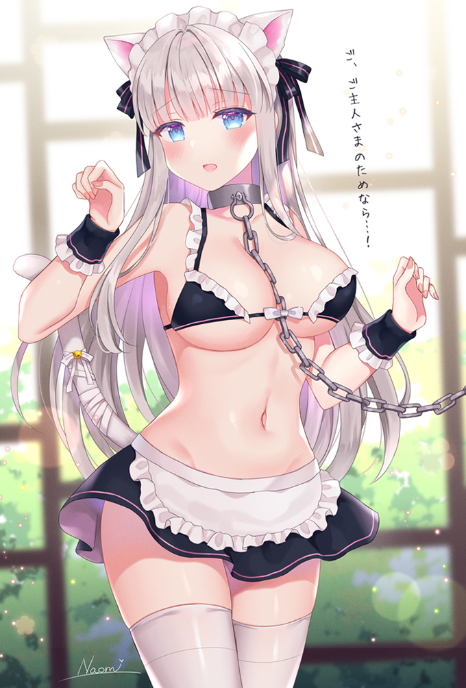 1girls, apron, bikini, blue eyes, bow in hair, breasts, cat ears, cat girl, cat tail, catgirl, chain leash, collar, female, large breasts, leash, long hair, maid, maid apron, maid bikini, maid headdress, maid uniform, metal collar, naomi (fantasia), navel, original, paw pose, slave, swimsuit, thighhighs, white hair