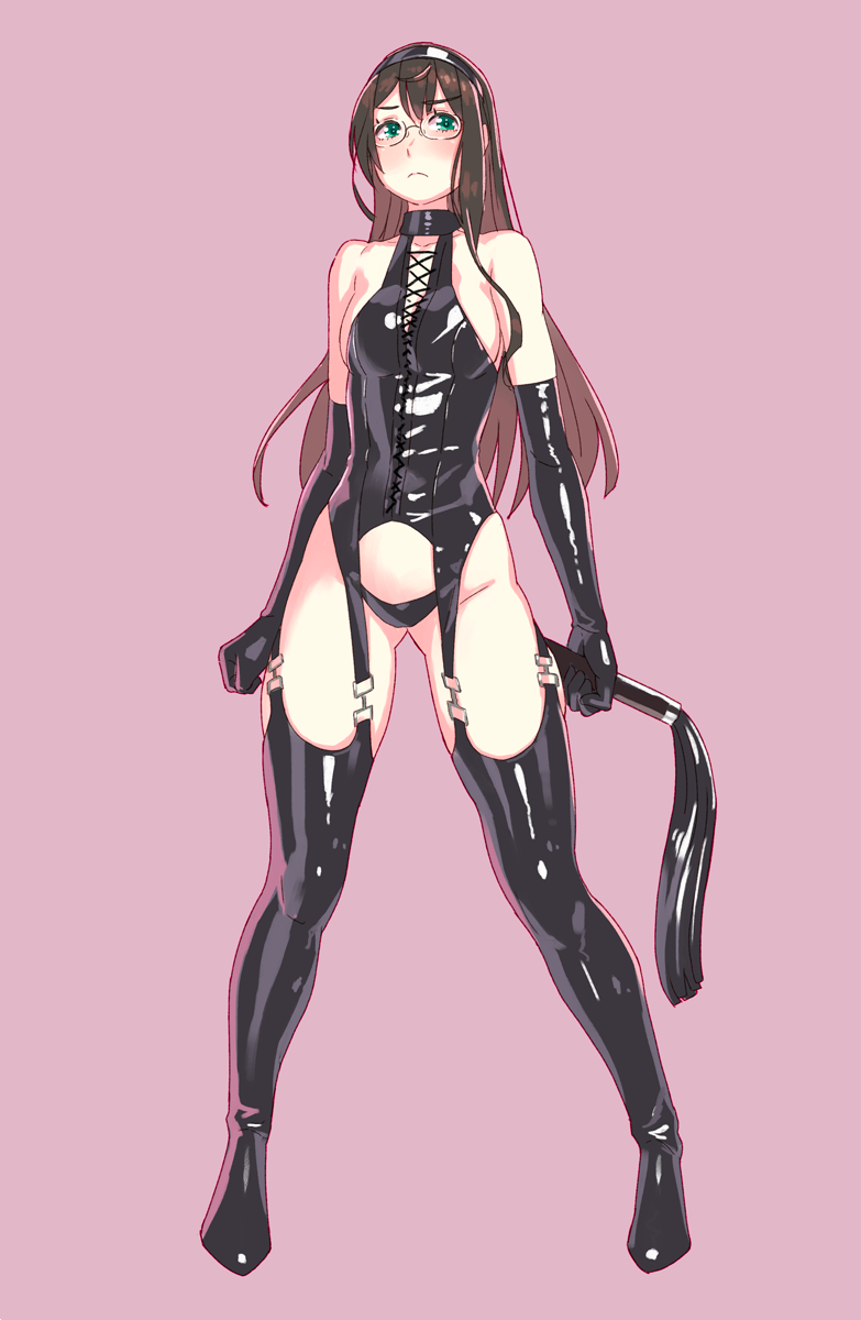 1girls breasts brown_hair corset cross-laced_clothes dominatrix flogger garter_straps glasses gloves green_eyes hairband high_heel_boots highleg highleg_leotard holding_whip kantai_collection latex latex_corset latex_gloves latex_leotard leotard long_hair medium_breasts ooyodo_(kantai_collection) panties source_request whip yuuji_(and)