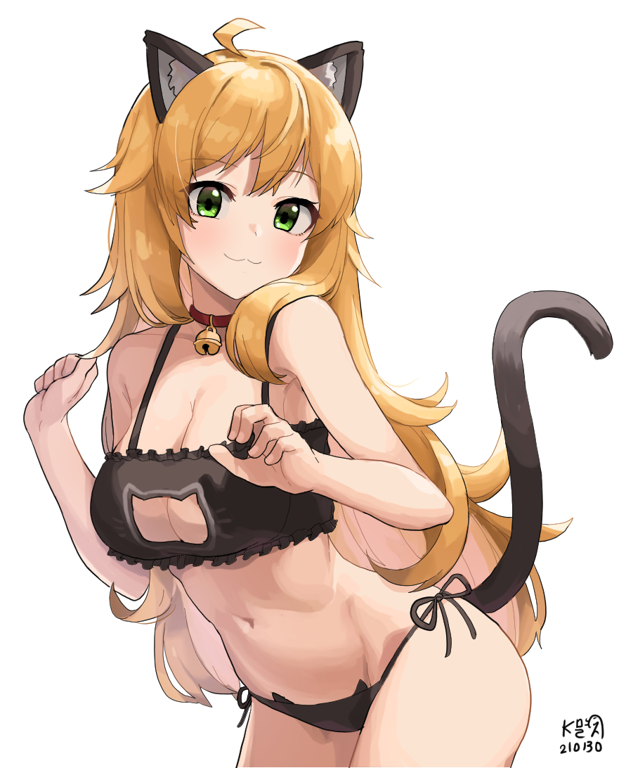 1girls :3 bell_choker black_bra black_panties bra breasts cat_bell cat_ears cat_keyhole_bra cat_keyhole_lingerie cat_lingerie cat_tail choker green_eyes hoshii_miki idolmaster idolmaster_(classic) lingerie long_hair looking_at_viewer medium_breasts myeolchi navel orange_hair panties side-tie_panties