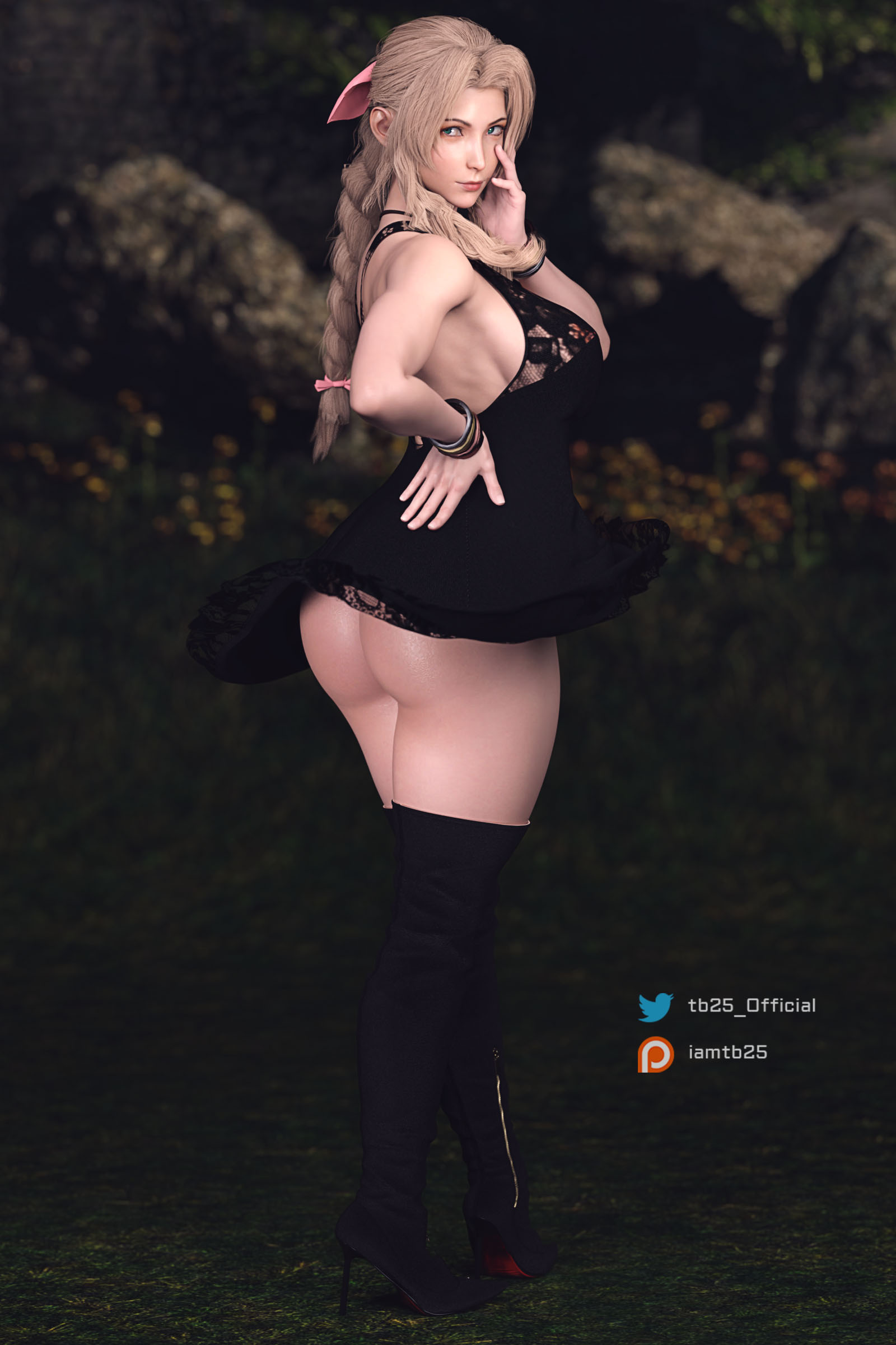3d, aerith gainsborough, ass, big ass, big breasts, breasts, dress, female, final fantasy, final fantasy vii, final fantasy vii remake, high heel boots, high heels, patreon username, tb25, thighhighs, twitter username
