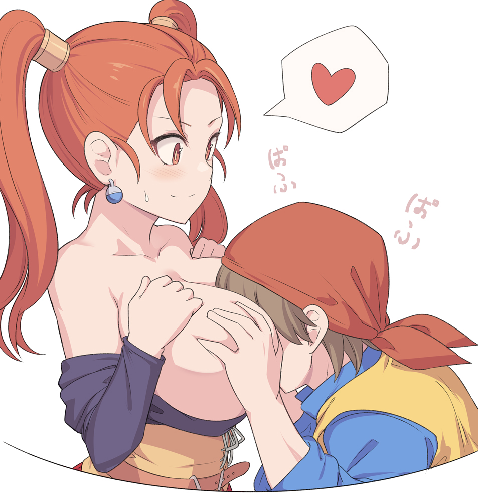 blush breast_grab breasts clothing dragon_quest dragon_quest_viii face_in_breasts female hat hero_(dq8) jessica_albert large_breasts male shiseki_hirame twintails