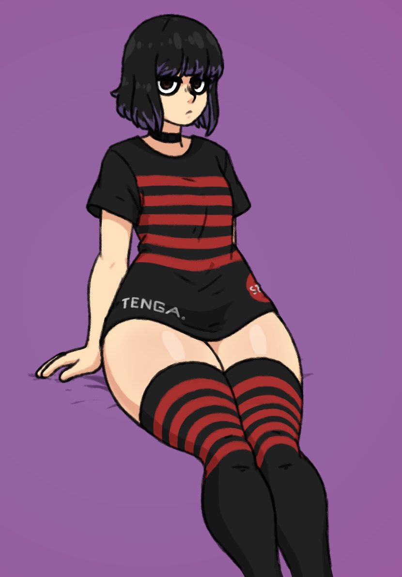 1girls black_hair black_shirt black_thighhighs female female_only flat_chest flat_chested hair kim_(rottedpaint) legwear original original_character purple_highlights rottedpaint shirt solo solo_female striped_legwear tenga tenga_outfit thick_thighs thighhighs thighs topwear