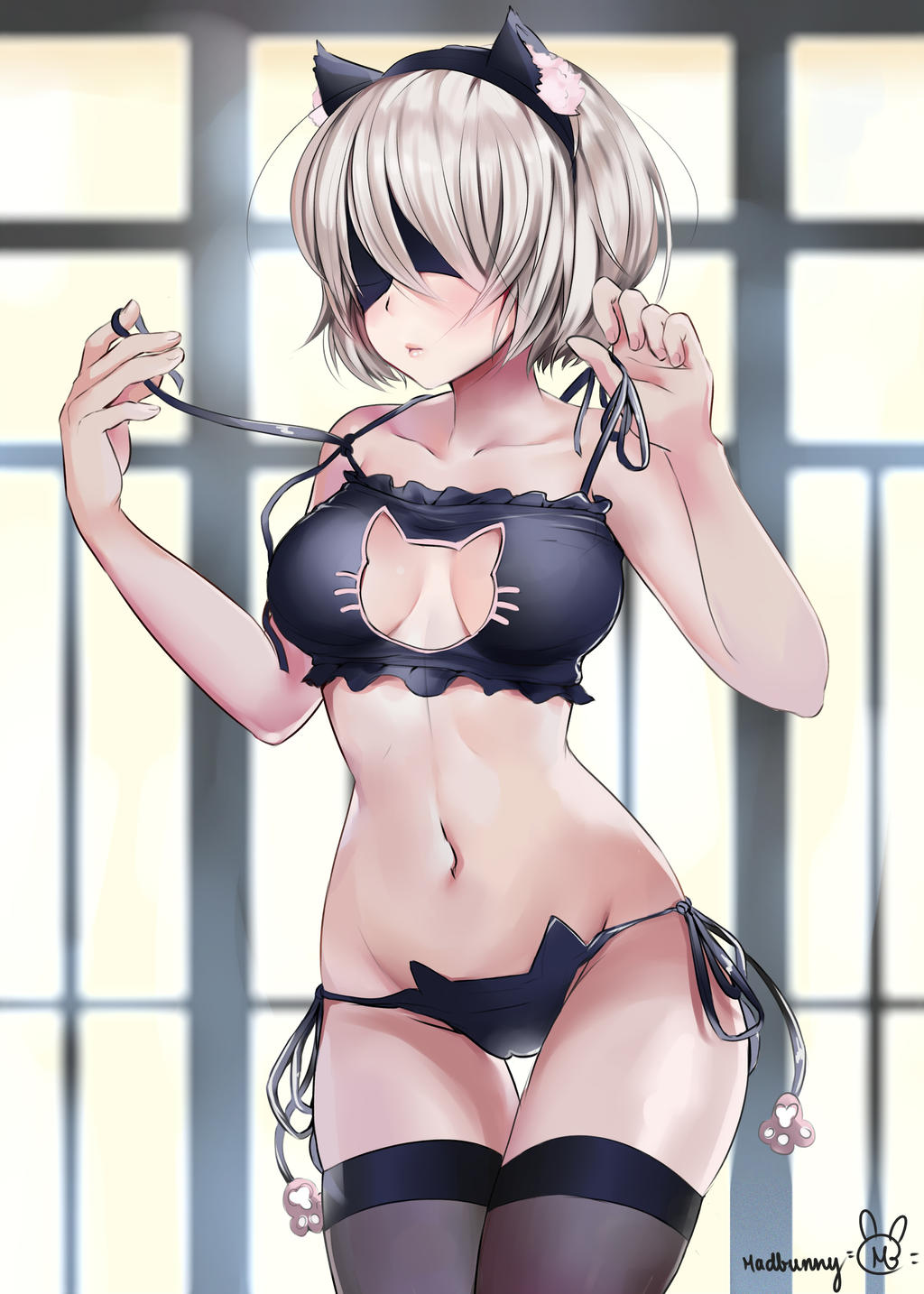 1girls black_bra black_panties blindfold blurry_background bra breasts cat_ears cat_keyhole_bra cat_keyhole_lingerie cat_lingerie large_breasts lingerie madbunny navel nier:_automata panties short_hair side-tie_panties white_hair window window_shade yorha_2b