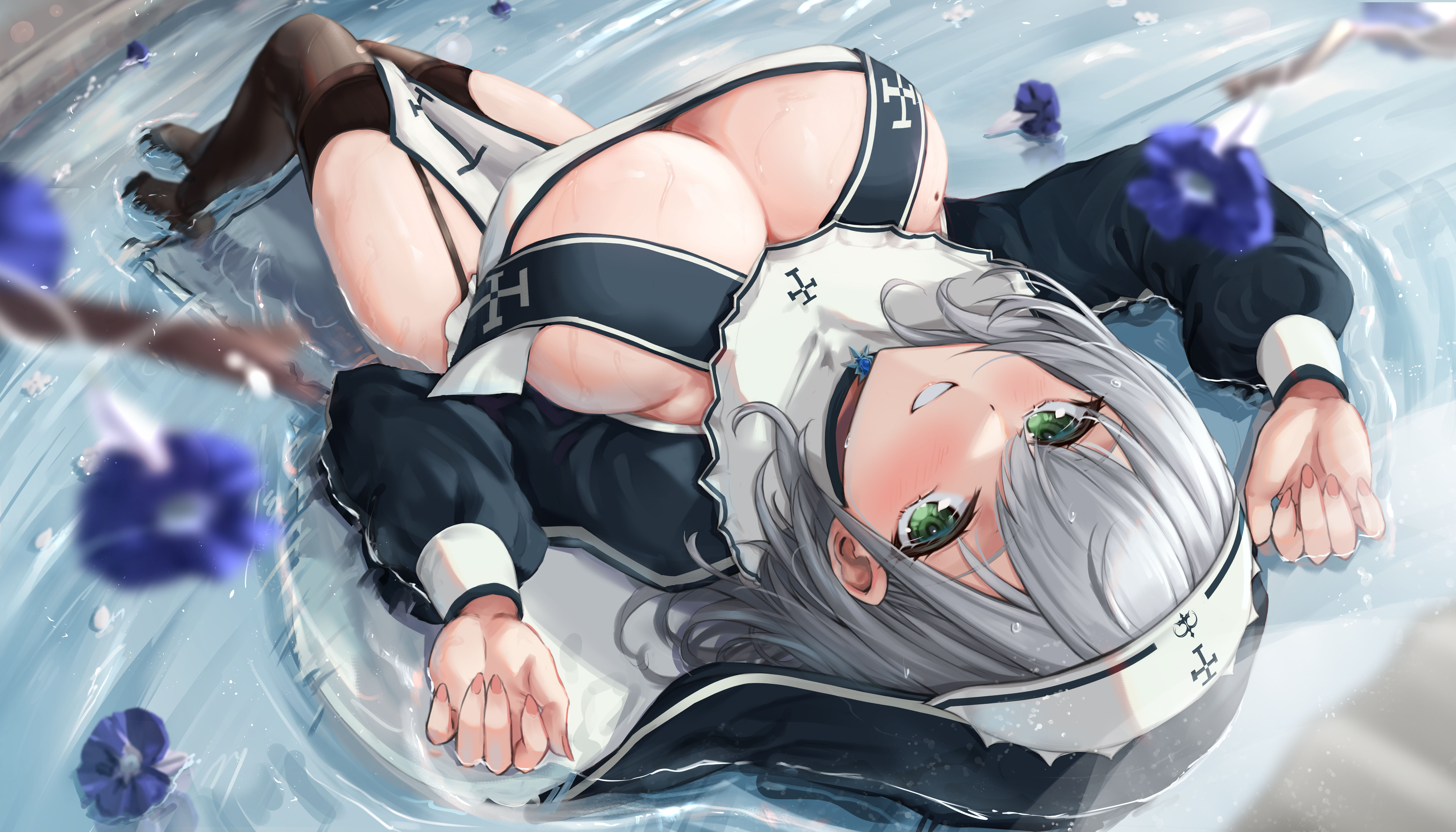 1girls, 2022, breasts, cleavage, female, green eyes, hi res, hololive, hololive fantasy, hololive japan, huge breasts, kuutamo, looking at viewer, lying on back, nun, nun outfit, nun's habit, shirogane noel, smile, virtual youtuber, wet, wet body, white hair