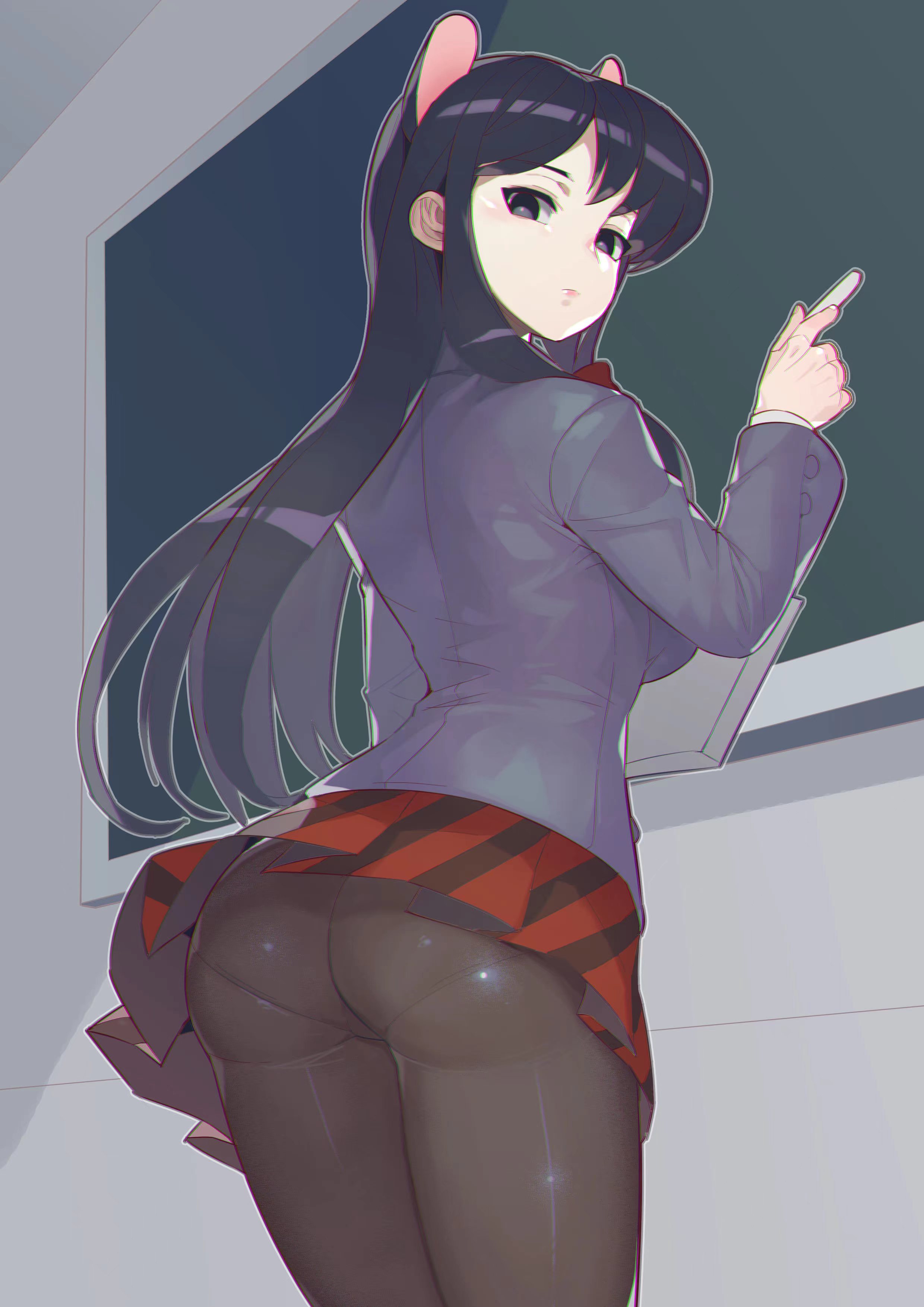 1girls, ass, big ass, black hair, cat ears, female, fengmo, komi shouko, komi-san wa komyushou desu, long hair, looking at viewer, panties under pantyhose, pantyhose, pantylines, underwear, upskirt
