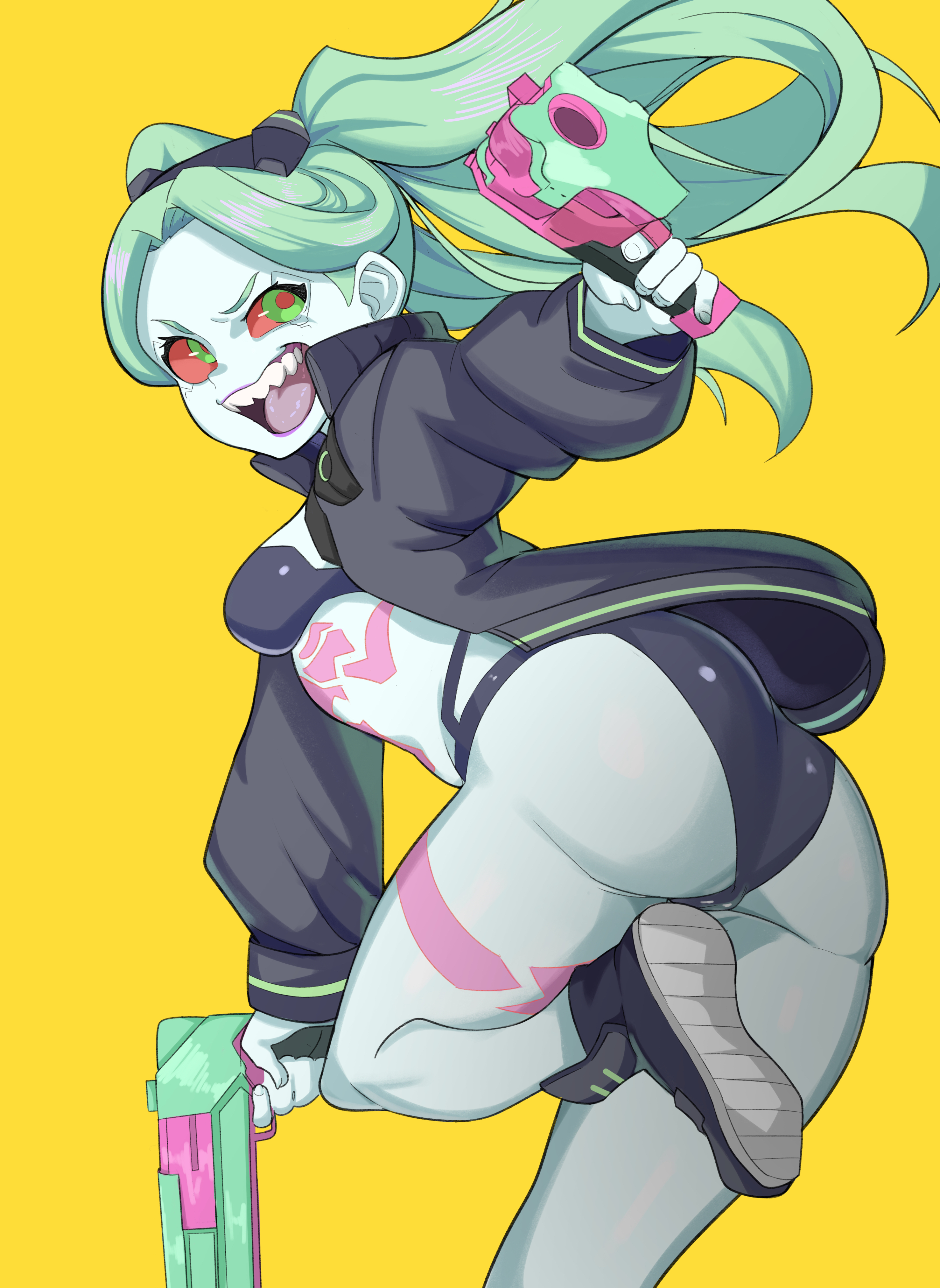 1girls, ass, big ass, big butt, body markings, casual, clothing, cybernetics, cyberpunk 2077, cyberpunk: edgerunners, cyborg, double camel, female, female only, firearm, footwear, gun, handgun, human, long hair, no artist signature, nonsexual, outerwear, pale skin, rebecca (edgerunners), shortstack, small eyebrows, small nose, solo, solo female, thick thighs, thighs, tomboy, twintails, very small nose, weapon