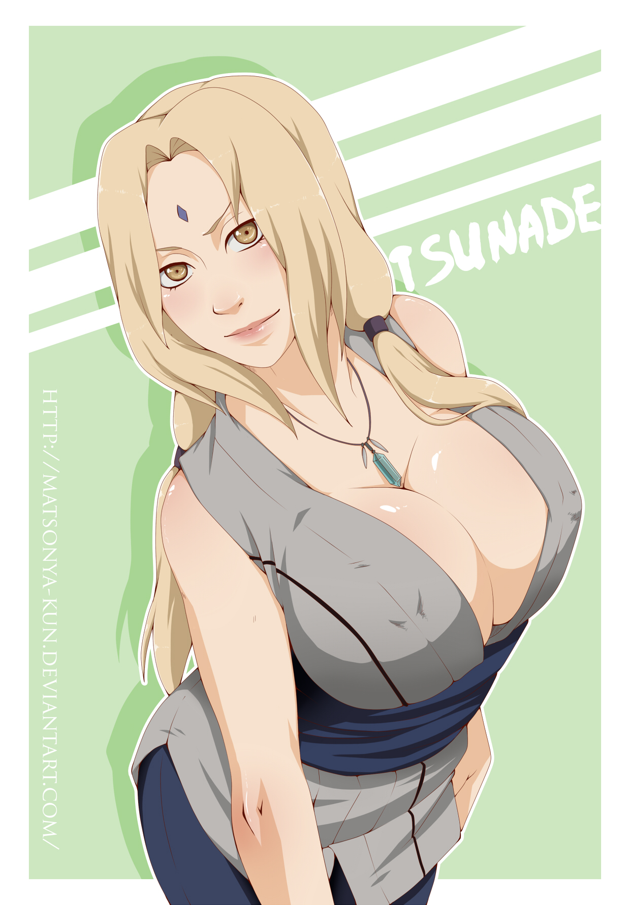 1girls, blonde hair, breasts, busty, character name, cleavage, erect nipples, erect nipples under clothes, facial mark, female, female focus, forehead mark, highres, huge breasts, jewelry, long hair, looking at viewer, matsonya-kun, naruto, naruto (series), naruto shippuden, necklace, nipples, no bra, solo, tsunade, watermark, web address, yellow eyes
