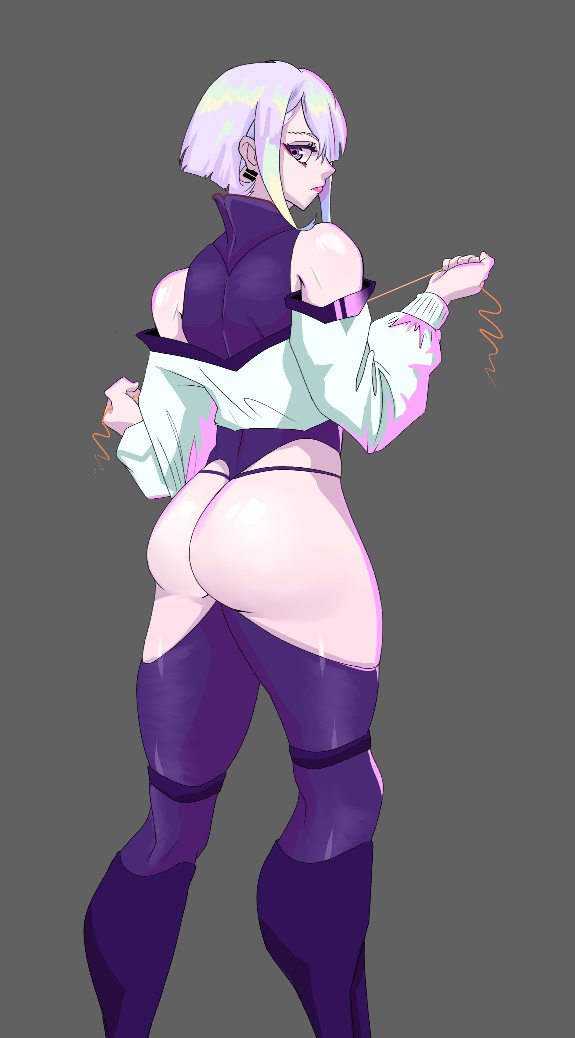 1girls, ass, back view, byme, cd projekt red, cybernetics, cyberpunk 2077, cyberpunk: edgerunners, cyborg, eye contact, female, female only, looking at viewer, looking back, lucyna kushinada, netflix, no artist signature, silver hair, solo, solo female, standing, studio trigger, thick thighs