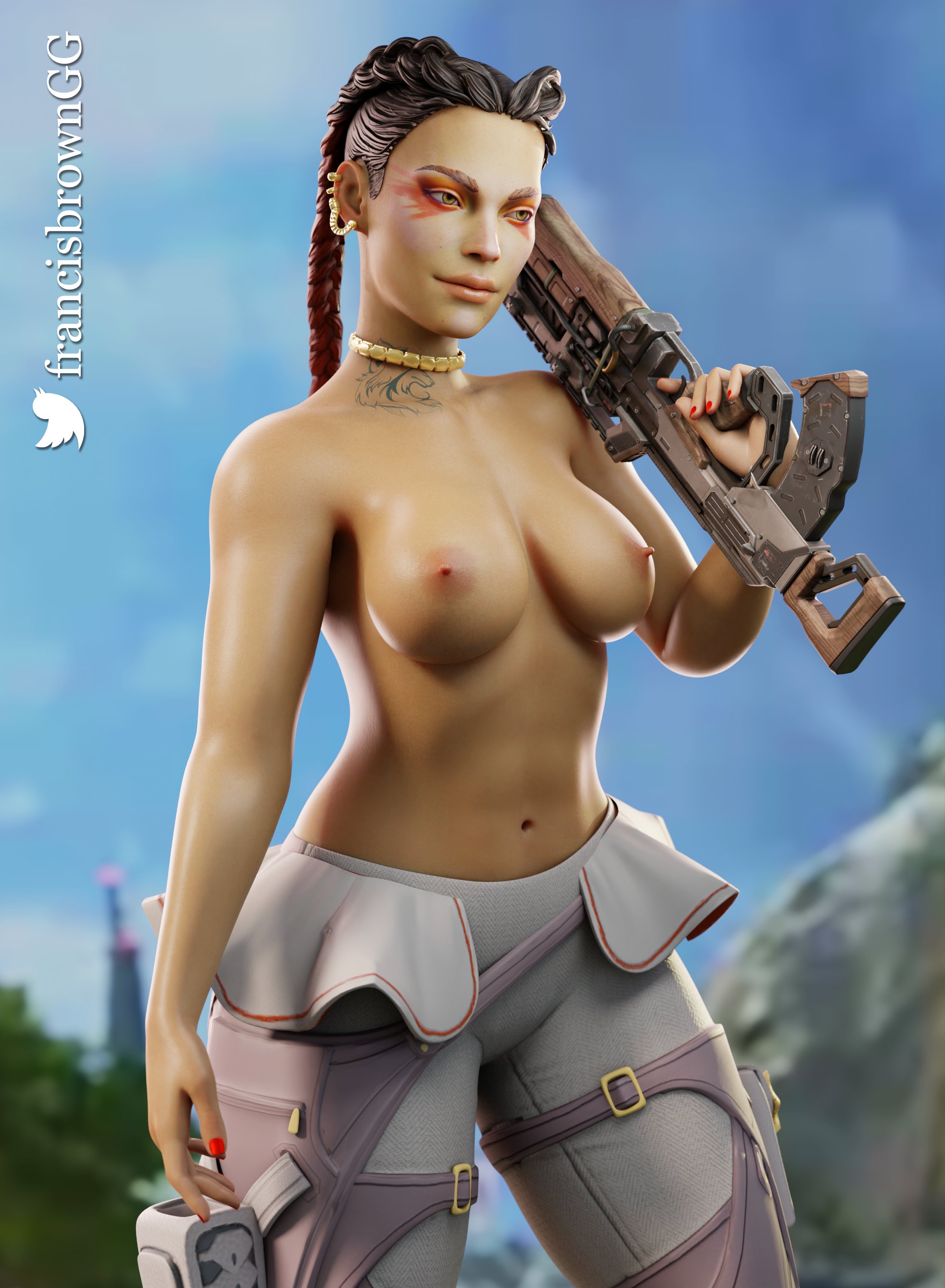 3d, apex legends, areolae, big breasts, braided hair, breasts, casual topless, dark skin, dark-skinned female, female, francis brown, loba (apex legends), respawn entertainment, smirk, tattoo, topless, topless female, two-tone hair