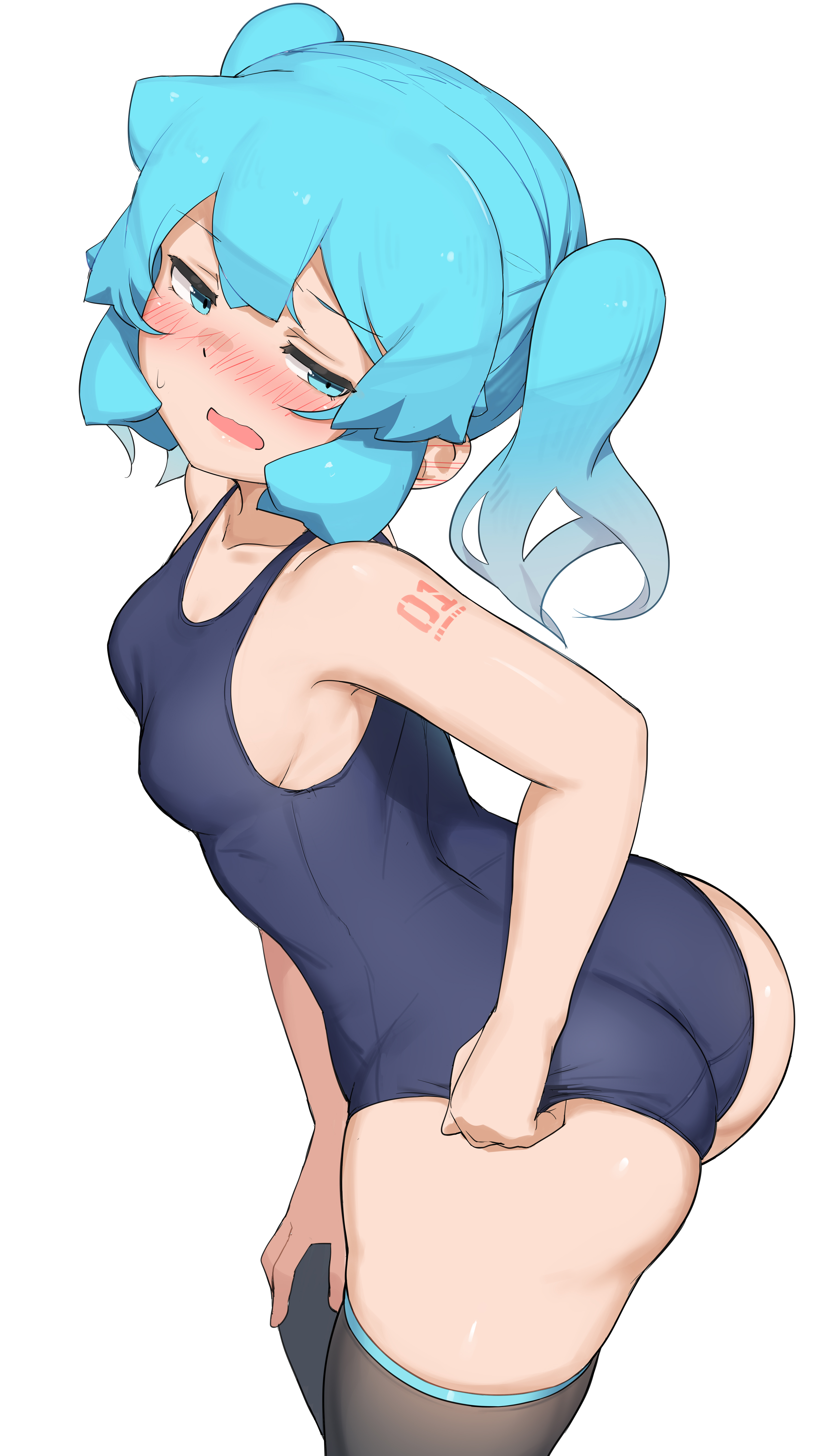 1girl, 1girls, abmayo, alternate costume, aqua eyes, aqua hair, ass, bangs, bare arms, bare shoulders, big ass, big butt, black thighhighs, blue one-piece swimsuit, blush, breasts, collarbone, embarrassed, female, green eyes, green hair, grey background, half-closed eyes, hatsune miku, legwear, light skin, light-skinned female, long hair, looking at viewer, looking back, medium breasts, one-piece swimsuit, open mouth, school swimsuit, shiny, shiny hair, simple background, skindentation, small breasts, solo, standing, swimsuit, tattoo, thick thighs, thighhighs, thighs, tight clothing, twintails, vocaloid, white background