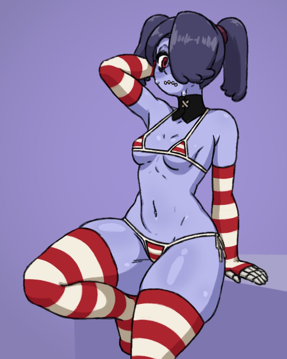 1girls, armwear, bikini, bikini bottom, bikini top, blush, breasts, female, female only, hair over one eye, medium breasts, purple body, purple hair, purple skin, red eyes, rottedpaint, skullgirls, small breasts, solo, solo female, squigly, striped bikini, striped legwear, striped thighhighs, swimsuit, swimwear, thick thighs, thighhighs, thighs, twintails, zombie, zombie girl