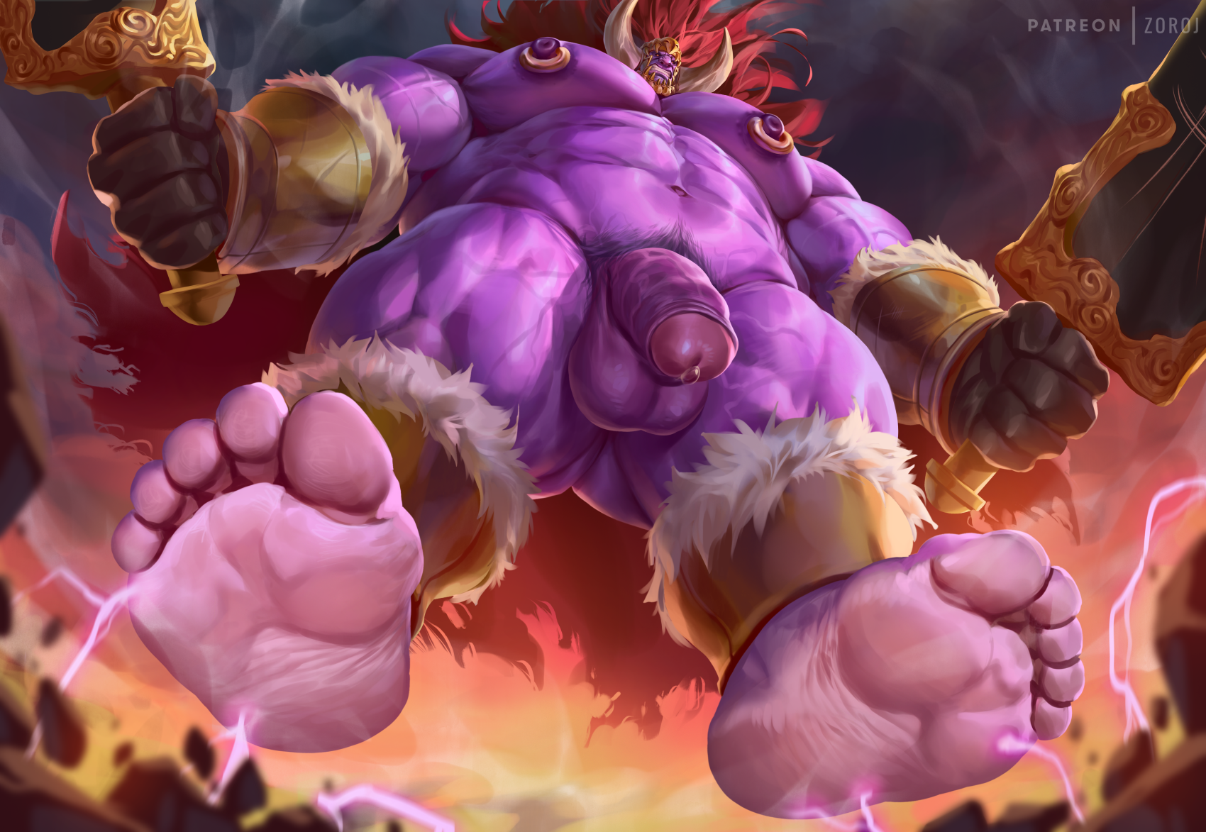 balls, bara, big balls, big pecs, big penis, elden ring, feet, fromsoftware, gay, low-angle view, male, male only, muscles, muscular, nipple piercing, nipples, penis, piercing, precum, solo, solo male, starscourge radahn, worm's-eye view, yaoi, zoroj