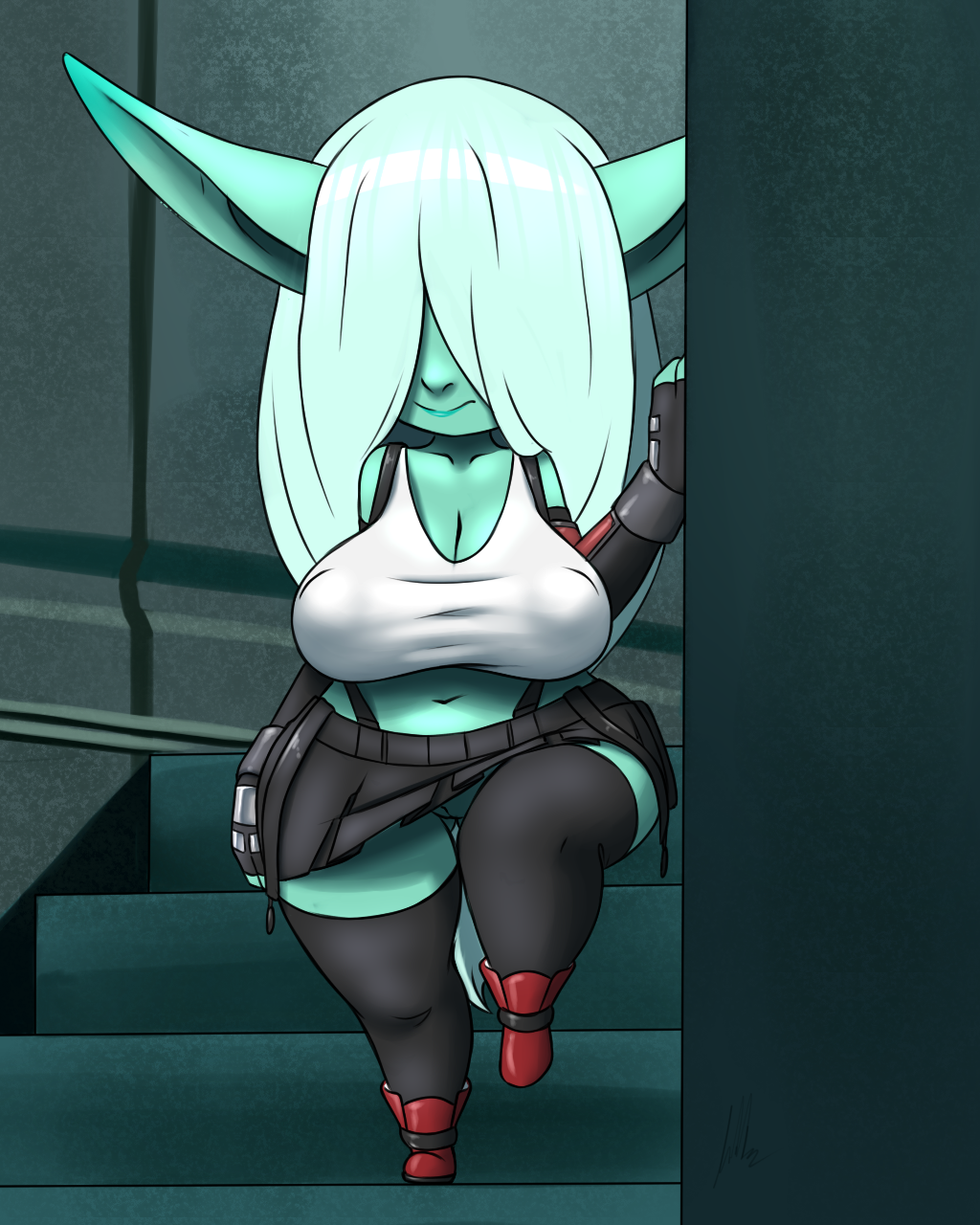 bottomwear clothed clothing female final_fantasy final_fantasy_vii furball_(artist) genitals goblin goblin_female hair hair_over_eyes hi_res humanoid meeya_(furball) monster_girl no_underwear not_furry pussy shortstack skirt solo square_enix tifa_lockhart video_games wide_hips