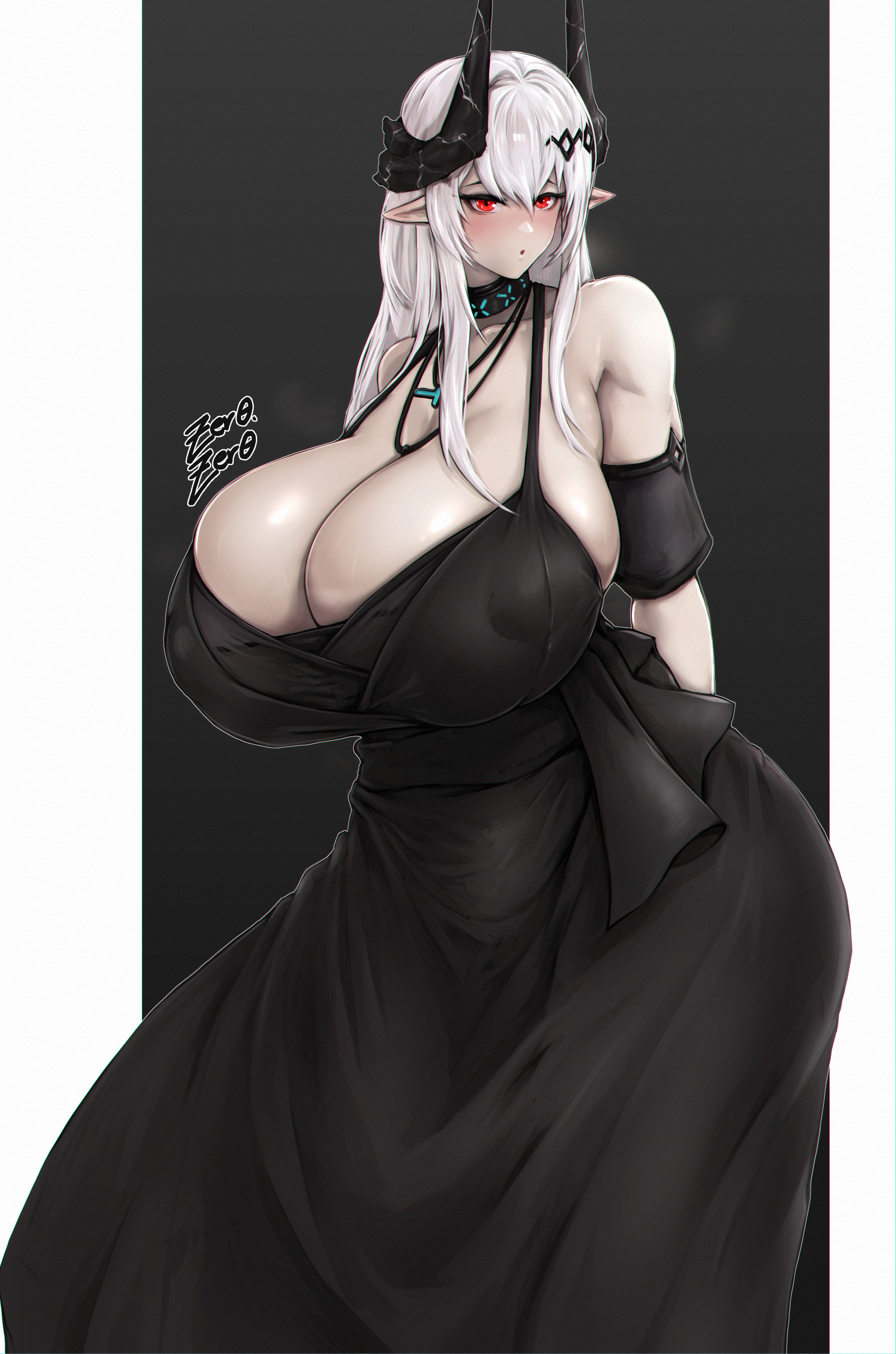 1girls, arknights, big breasts, black dress, breasts, busty, dress, enormous breasts, female, giant breasts, gigantic breasts, huge breasts, large breasts, long dress, long hair, massive breasts, mudrock (arknights), red eyes, voluptuous, white hair, zer0artzer0