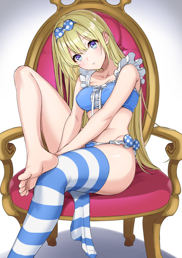 1girls alice_(umeyuki_(うめゆき)) blonde_hair blue_eyes bow chair clothed_female eyebrows_visible_through_hair female female_only hair_bow hair_ornament light-skinned_female light_skin looking_at_viewer nipple_bulge original removing_sock sitting sitting_on_chair solo stockings striped_stockings umeyuki_(うめゆき) undressing