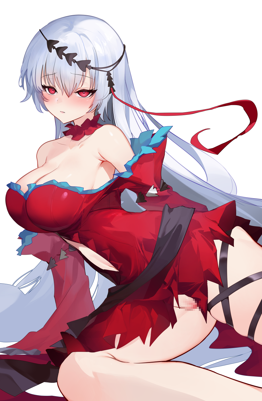 arknights arm_support artist_request bangs bare_shoulders blush breasts censored cleavage closed_mouth clothing_cutout dress female grey_hair half-closed_eyes headband highres kirsos large_breasts long_hair long_sleeves looking_at_viewer mosaic_censoring navel navel_cutout neck_garter no_panties off-shoulder_dress off_shoulder pussy reclining red_dress red_eyes short_dress simple_background skadi_(arknights) skadi_the_corrupting_heart_(arknights) skindentation solo thigh_strap upskirt very_long_hair white_background