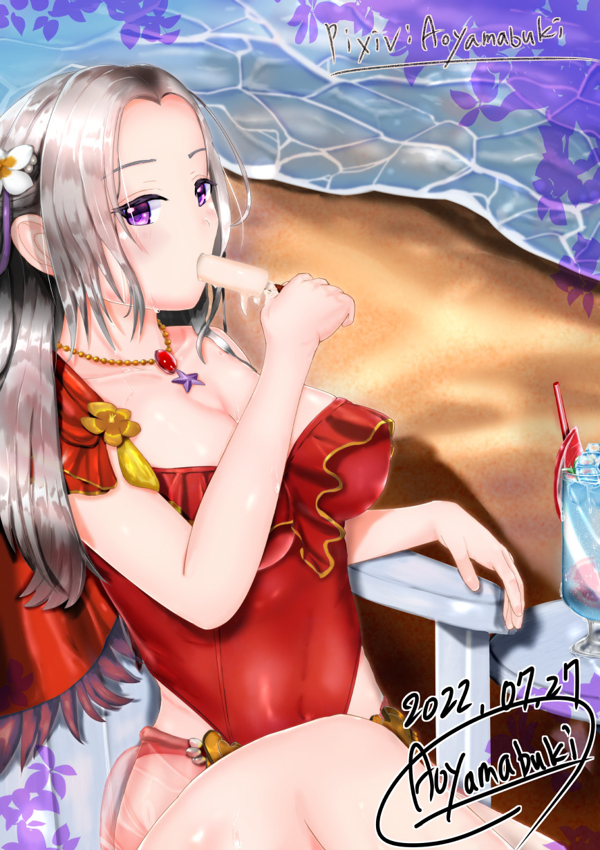 1girls alternate_costume aoyamabuki bare_legs bare_thighs beach beach_chair breasts chair cleavage drink edelgard_von_hresvelg edelgard_von_hresvelg_(summer) female female_only fire_emblem fire_emblem:_three_houses fire_emblem_heroes food grey_hair ice_cream long_hair looking_at_viewer medium_breasts nintendo ocean official_alternate_costume outdoors popsicle purple_eyes red_one-piece_swimsuit red_swimsuit sitting solo swimsuit table thighs water