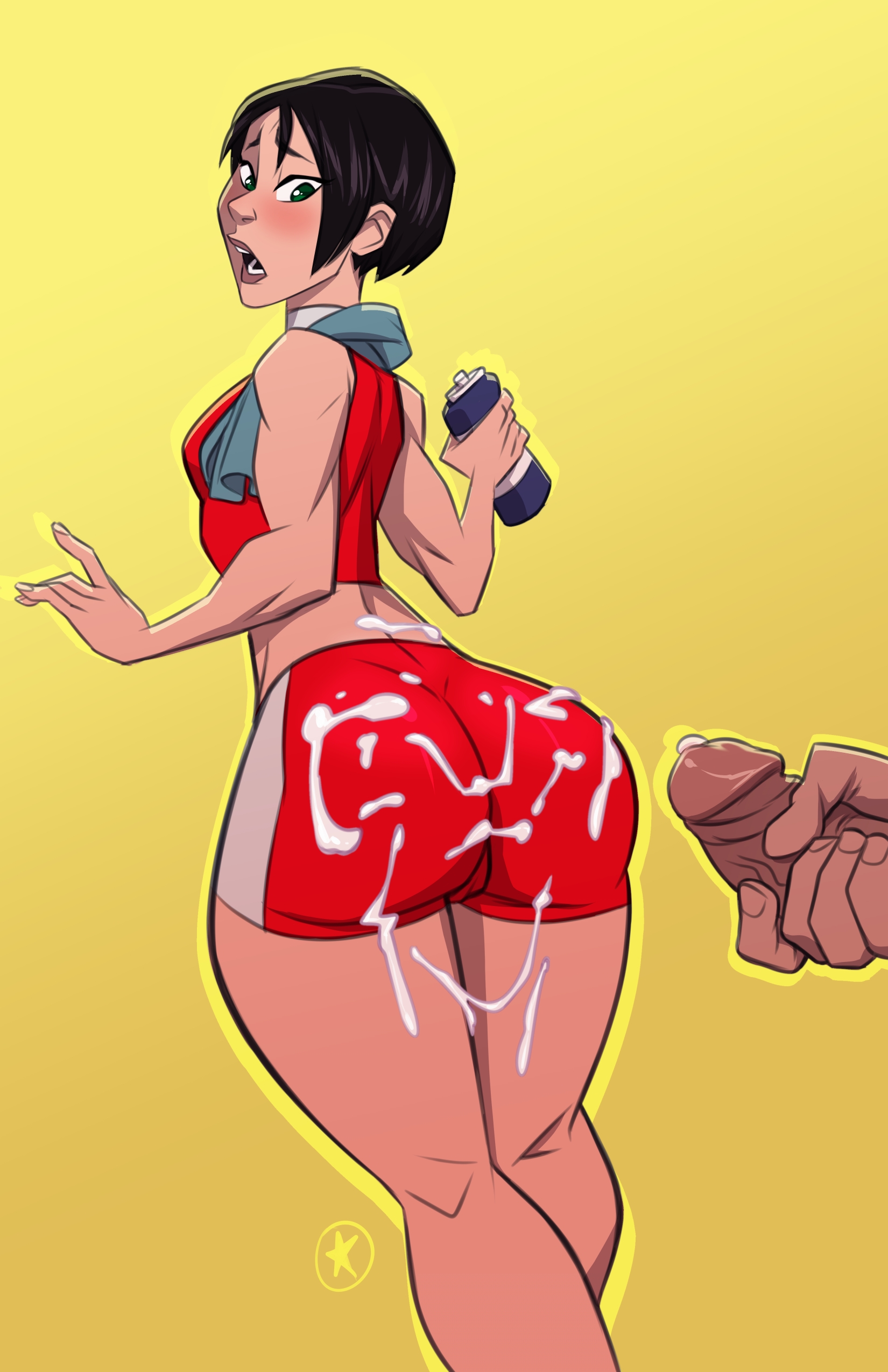 1girls, alternate version, ass, big ass, black hair, crop top, cum, cum on ass, cum on body, disembodied penis, female, female focus, green eyes, half body, hazuki terashima, male, masturbation, oc, original character, penis, shocked, shocked expression, sole female, stickymon, straight, surprised, towel, towel around neck