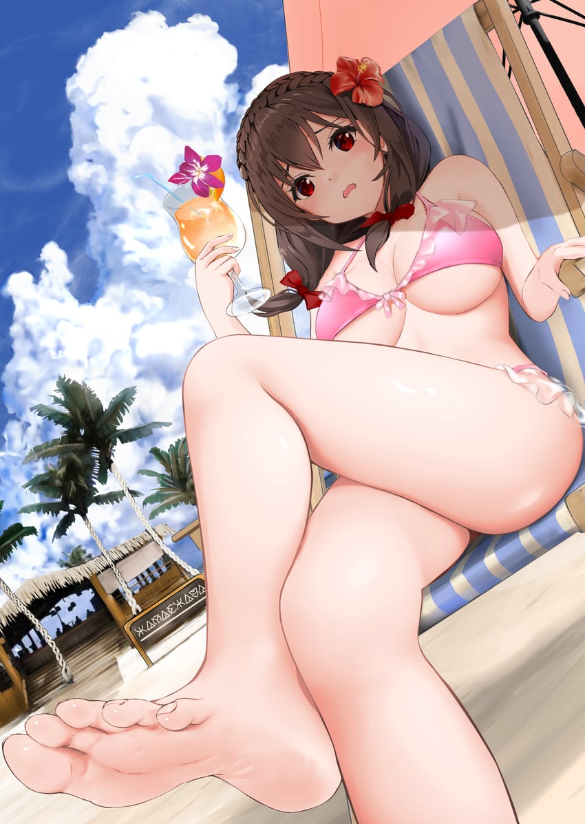 1girls barefoot beach_chair beach_umbrella big_breasts bikini blue_sky bow breasts brown_hair cloud cocktail cocktail_glass crossed_legs cup drinking_glass feet flower flower_in_drink furrowed_brow gibun_(sozoshu) hair_flower hair_ornament holding holding_cup kono_subarashii_sekai_ni_shukufuku_wo! large_breasts legs long_hair outdoors palm_tree parted_lips pink_bikini red_bow red_eyes red_flower sitting sky soles solo summer swimsuit thighs tree umbrella underboob yunyun_(konosuba)