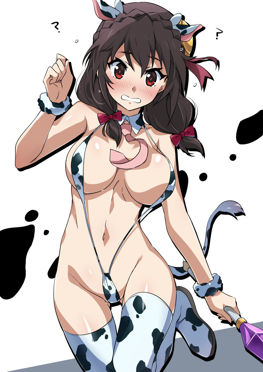 1girls animal_ears animal_print bangs big_breasts black_socks blush bouncing_breasts bow braid breasts brown_hair cleavage cow_ears cow_print cow_print_bikini cow_print_socks cow_print_thighhighs crown_braid detached_collar embarrassed hair_between_eyes hairbow holding holding_staff kono_subarashii_sekai_ni_shukufuku_wo! large_breasts long_hair navel necktie one-piece_swimsuit pink_necktie red_bow red_eyes shiny shiny_skin sideboob sling_bikini slingshot_swimsuit socks solo staff standing standing_on_one_leg swimsuit thigh_socks thighhighs tokiani wavy_mouth white_socks white_thighhighs wing_collar wrist_cuffs yunyun_(konosuba)