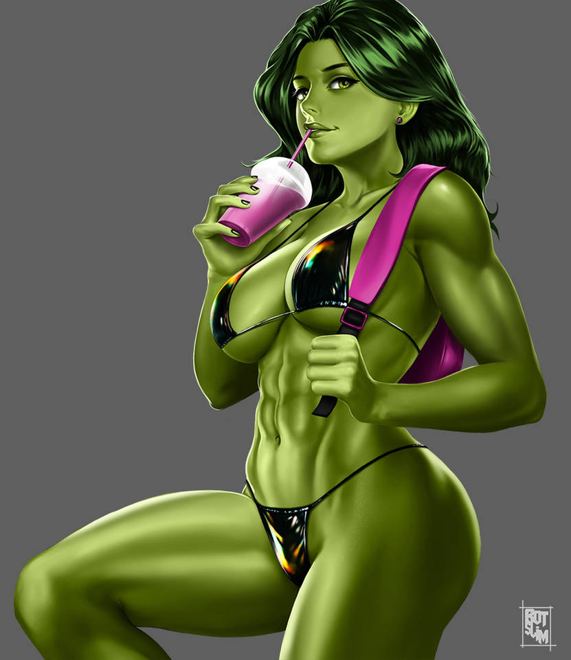 1girls abs artist_logo big_breasts bikini botslim drinking earring female female_only green-skinned_female green_hair green_lips green_skin hulk_(series) long_hair marvel marvel_comics muscular muscular_female navel she-hulk simple_background smoothie solo solo_female thick_thighs toned toned_female