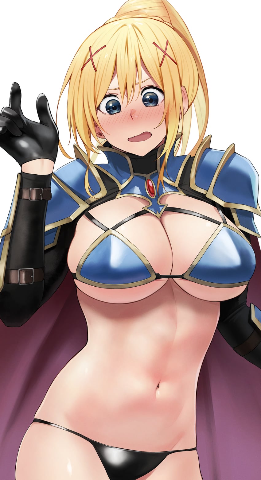 1girls, alternate costume, armor, bangs, big breasts, bikini armor, black gloves, black panties, blonde hair, blue eyes, blush, breasts, cape, cowboy shot, darkness (konosuba), female, gloves, hair between eyes, hair ornament, hand up, izawa (bhive003), kono subarashii sekai ni shukufuku wo!, light skin, light-skinned female, long hair, long sleeves, looking down, navel, open mouth, panties, ponytail, red cape, shoulder armor, sidelocks, simple background, skindentation, solo, stomach, underwear, white background, x hair ornament