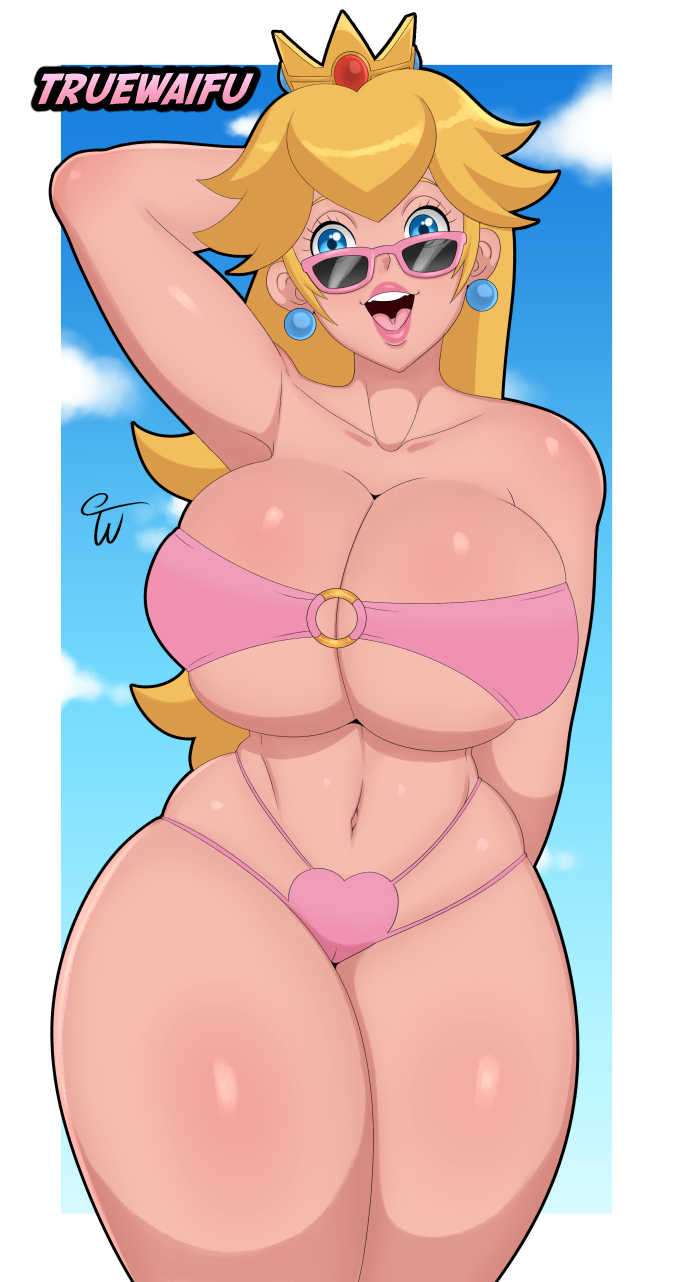 1girls, arm behind head, arm up, big breasts, big lips, bikini, bikini bottom, bikini top, blonde hair, blue eyes, breasts, cleavage, cloud, crown, earrings, eyewear, female, female only, hair, headwear, huge breasts, large breasts, lips, lipstick, long hair, looking at viewer, looking over eyewear, looking over glasses, looking over sunglasses, mario (series), nintendo, o-ring, o-ring bikini, open mouth, outdoors, pink bikini, pink lips, pink lipstick, princess peach, sky, smile, solo, standing, sunglasses, swimsuit, swimwear, thick lips, thick thighs, thighs, tinted eyewear, truewaifu, white border