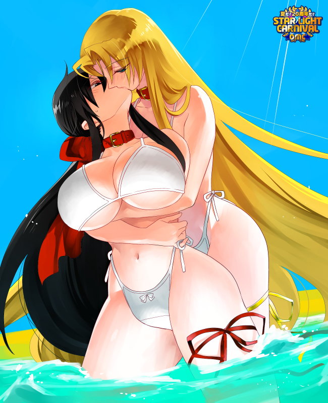 2girls beach bikini black_hair blonde_hair blue_eyes bow_bikini bow_in_hair bow_swimsuit breasts collarbone grey_eyes highleg highleg_bikini highleg_swimsuit hugging_from_behind kissing large_breasts large_breasts_lesbian long_hair multiple_girls navel red_collar red_ribbon ribbon ribbon_on_thigh side-tie_bikini sky standing_in_water sudachi swimsuit very_long_hair water white_bikini white_swimsuit yellow_ribbon yuri