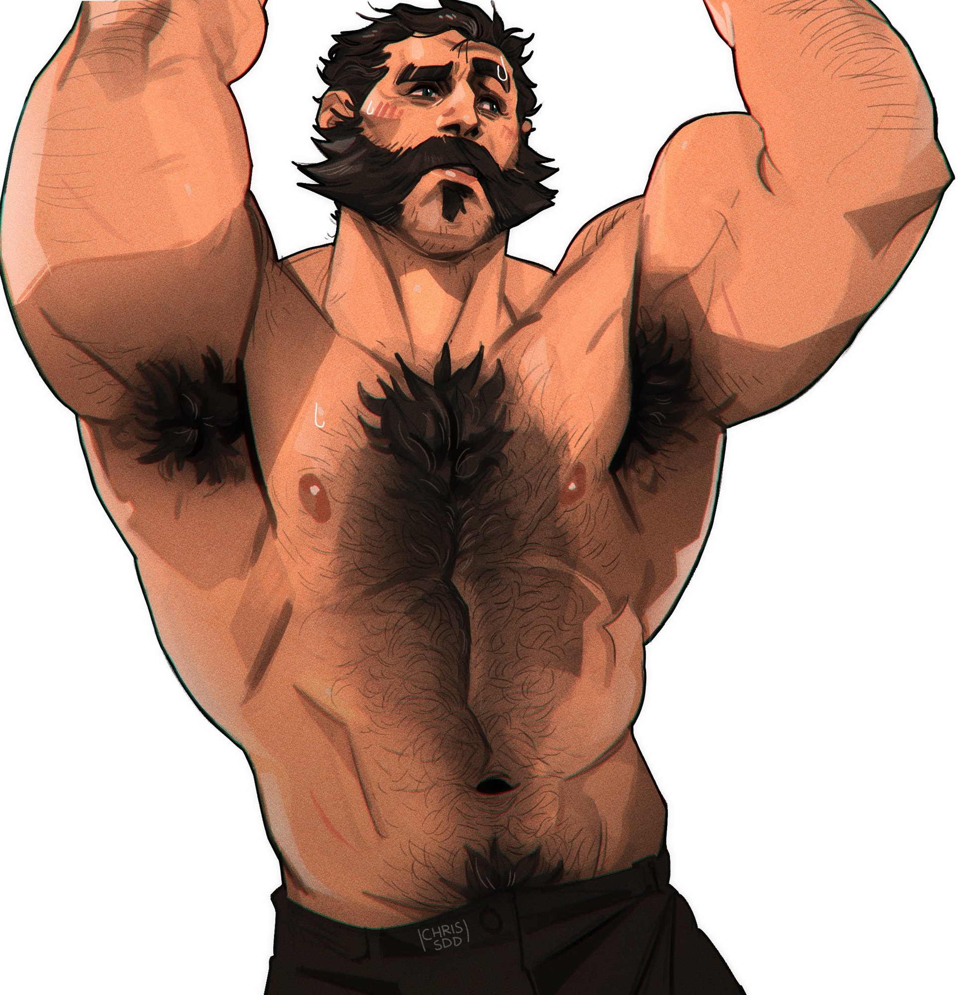 1boy, armpit hair, armpits, arms up, bara, beard, bearded, big arms, black hair, chest hair, chris sdd, hairy, hairy armpits, hairy chest, half naked, league of legends, malcolm graves, male, male only, muscles, muscular, muscular arms, navel, nipples, pecs, pectorals, shirtless, yaoi