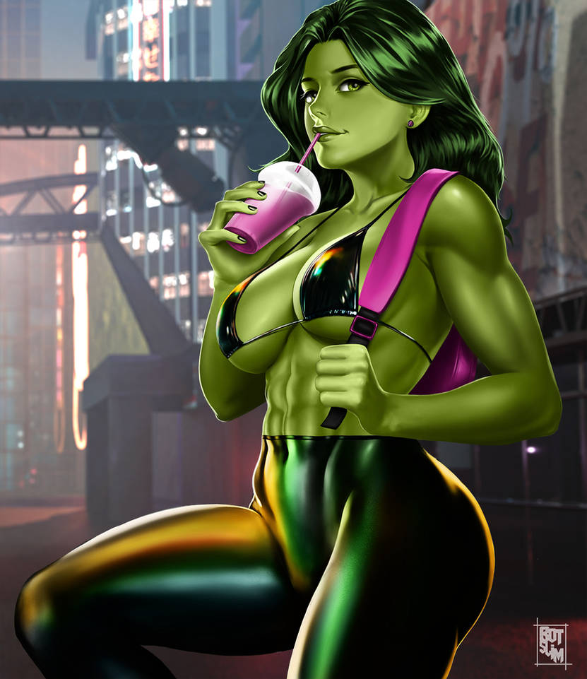 1girls abs avengers big_ass big_breasts bikini_top botslim curvaceous curvy_female curvy_females curvy_figure drinking female female_only fit fit_female green-skinned_female green_hair green_lips green_skin leggings long_hair marvel marvel_comics muscular muscular_female she-hulk solo solo_female solo_focus taller_girl thick_thighs voluptuous voluptuous_female