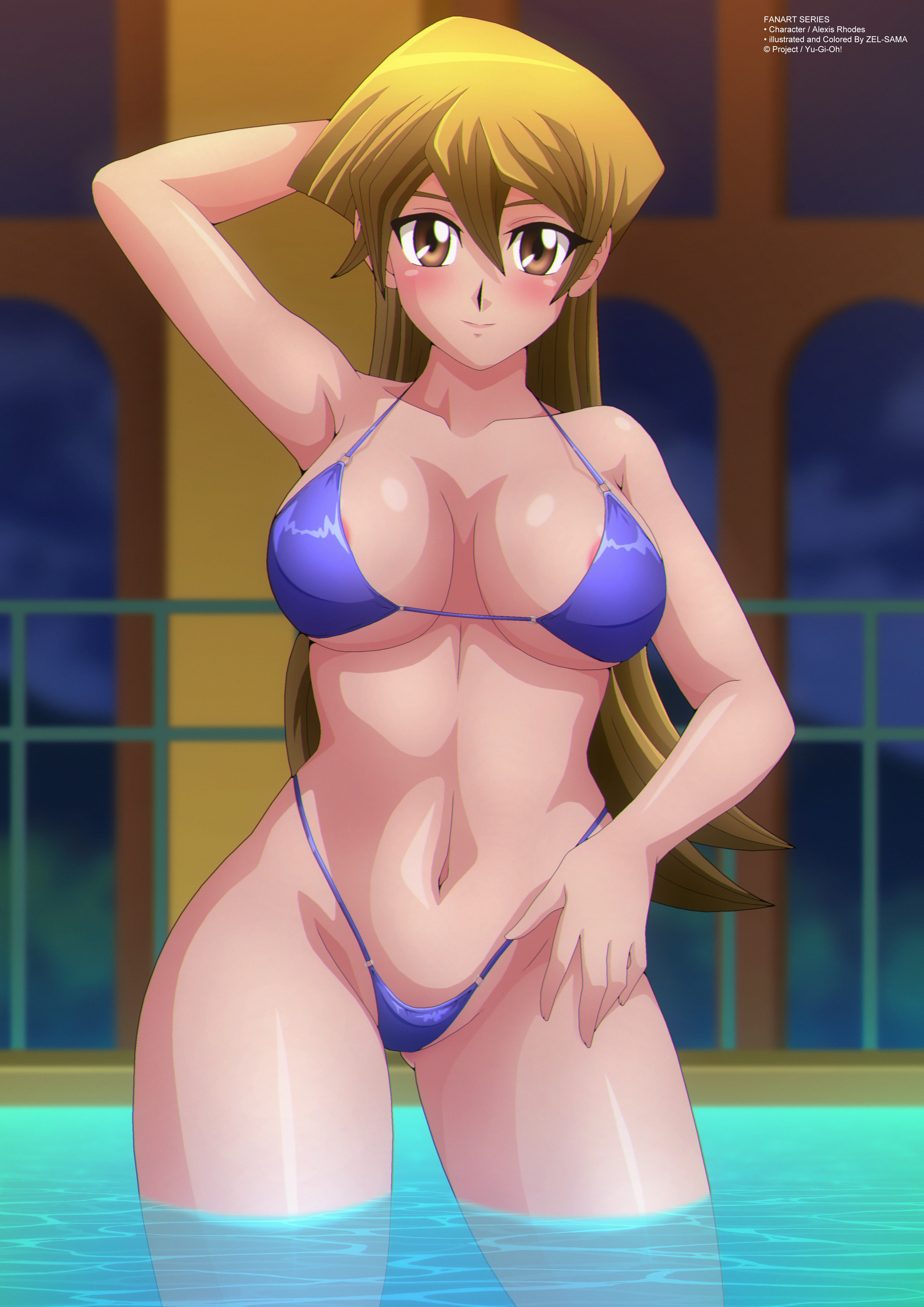1girls, absurd res, alexis rhodes, alluring, anime style, areola, areolae, big breasts, bikini, blonde hair, blonde-haired female, breasts, brown eyes, female, female only, high res, konami, naked, night, nipples, nude, nudity, pool, pussy, skinny dipping, swimming pool, swimsuit, tenjouin asuka, water, yu-gi-oh!, yu-gi-oh! gx, zel-sama