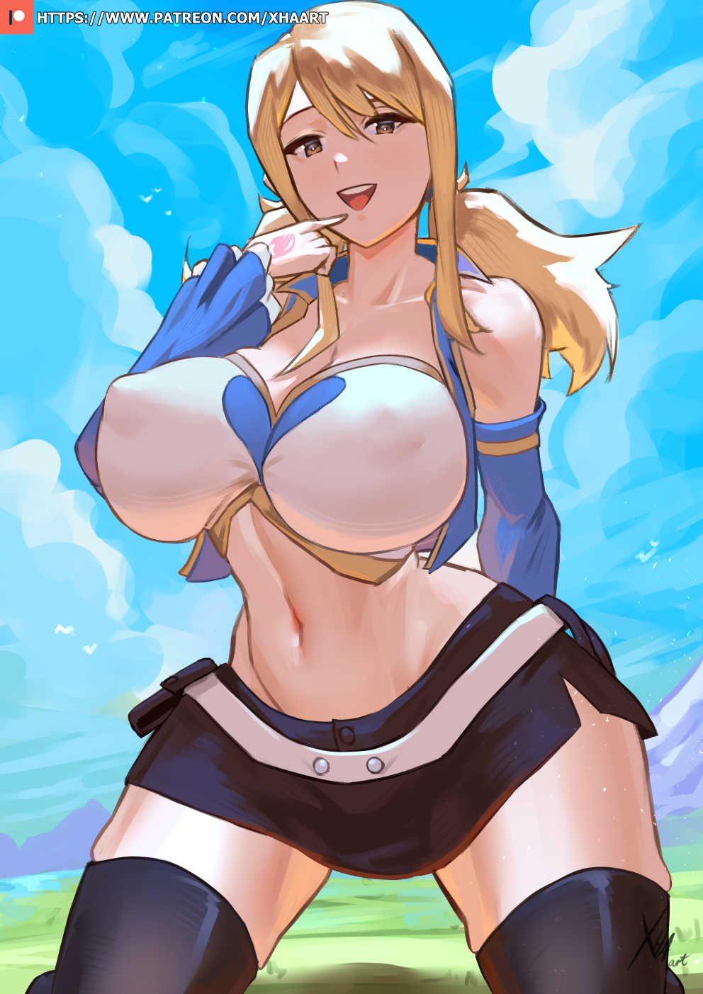 1girls 2022 barefoot big_breasts blonde_hair breasts brown_eyes fairy_tail feet_out_of_frame female female_only huge_breasts looking_at_viewer looking_down lucy_heartfilia pov pov_eye_contact thick_thighs xhaart