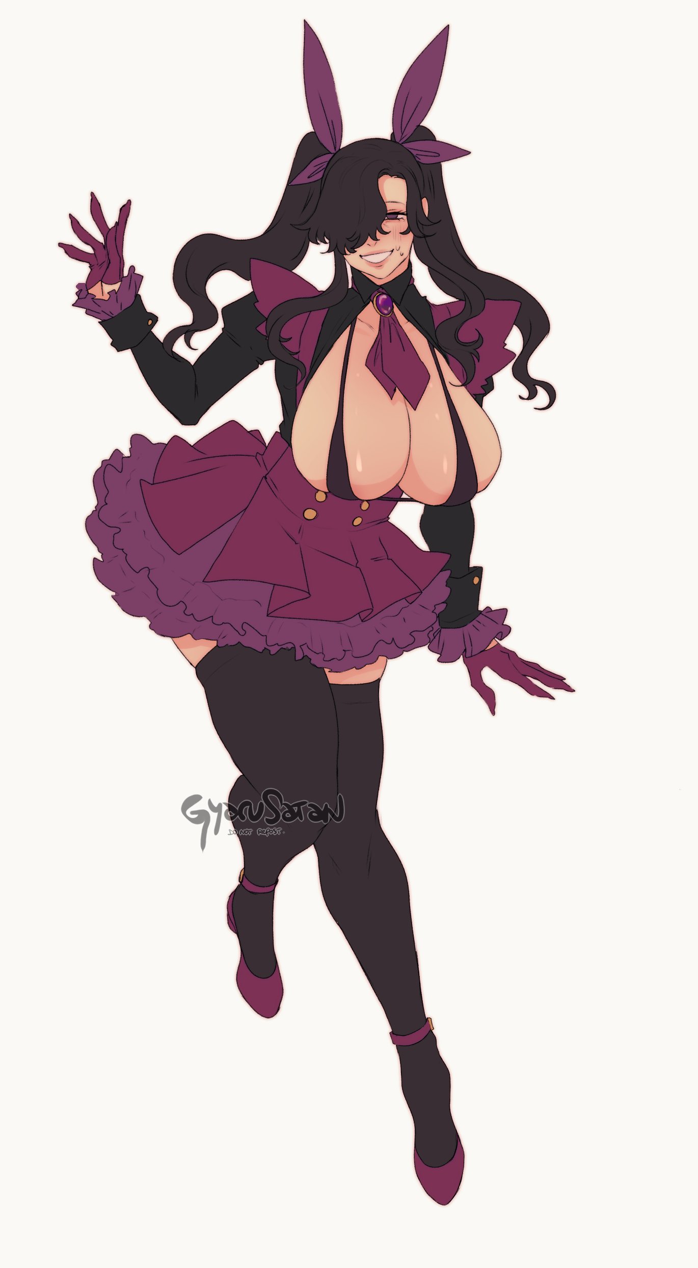 1girls, big breasts, black hair, black thighhighs, blush, breasts, dress, female, female only, full body, gyarusatan, hair over one eye, hair ribbon, hi res, long hair, looking at viewer, magical girl, mole, mole under mouth, narrowed eyes, smiling, smiling at viewer, solo, solo female, suzue (gyarusatan), teeth showing, thick thighs, thighhighs, twintails, white background